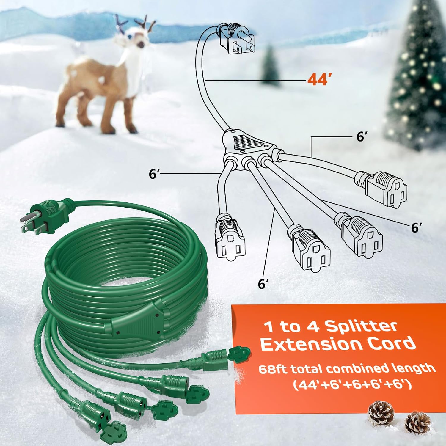 1 To 4 Splitter Extension Cord (Combined 68 Ft, End To End 50 Ft), 3 Prong Plug With 4 Outlets With Weatherproof Covers For Indoor And Outdoor Holiday Christmas Decroations