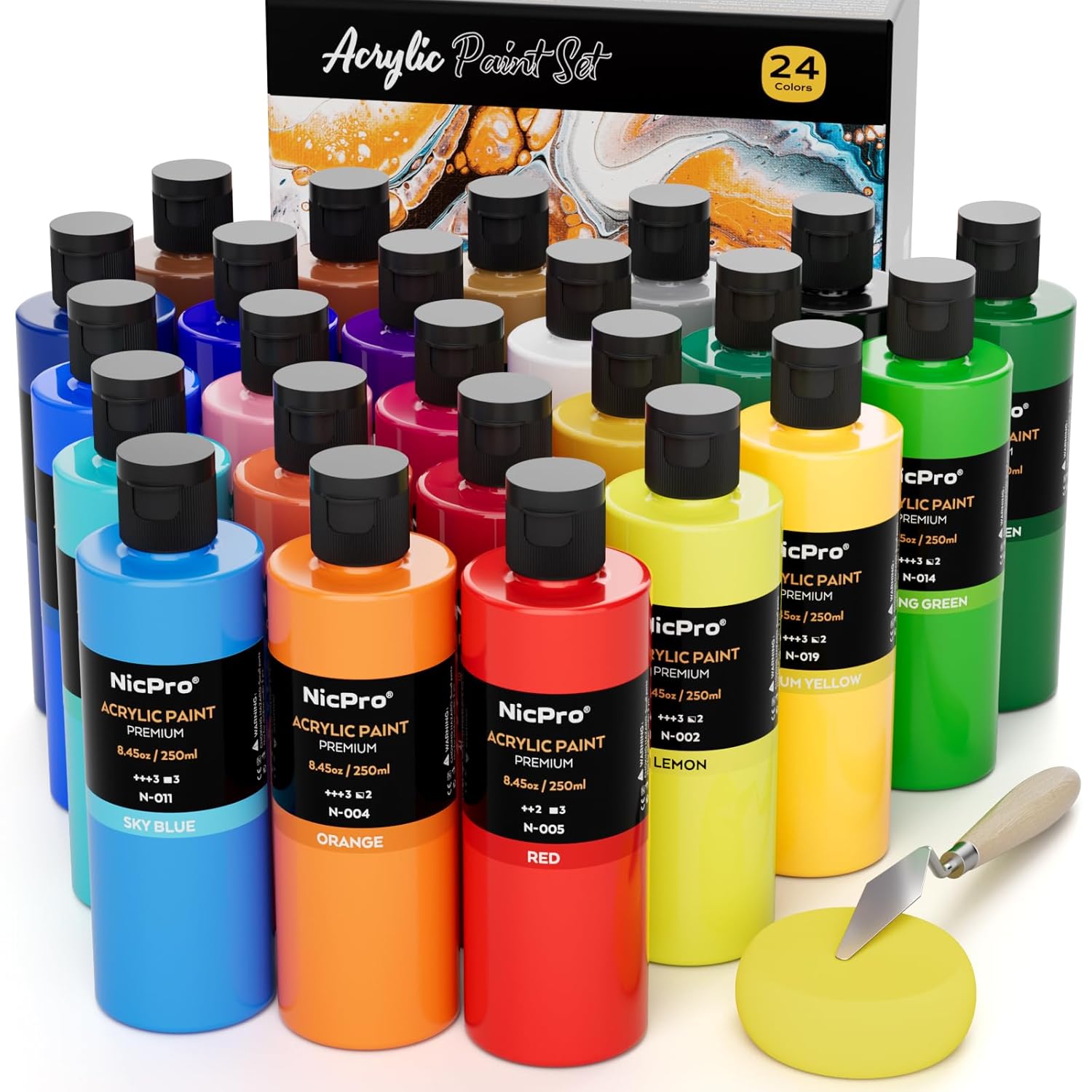 24 Colors Large Bulk Acrylic Paint Set (8.45 Oz/250 Ml), Rich Pigments Non Toxic, Bulk Painting Supplies For Artist Beginners On Canvas, Wood, Rock, Glass, Ceramic, Crafts With Color Wheel