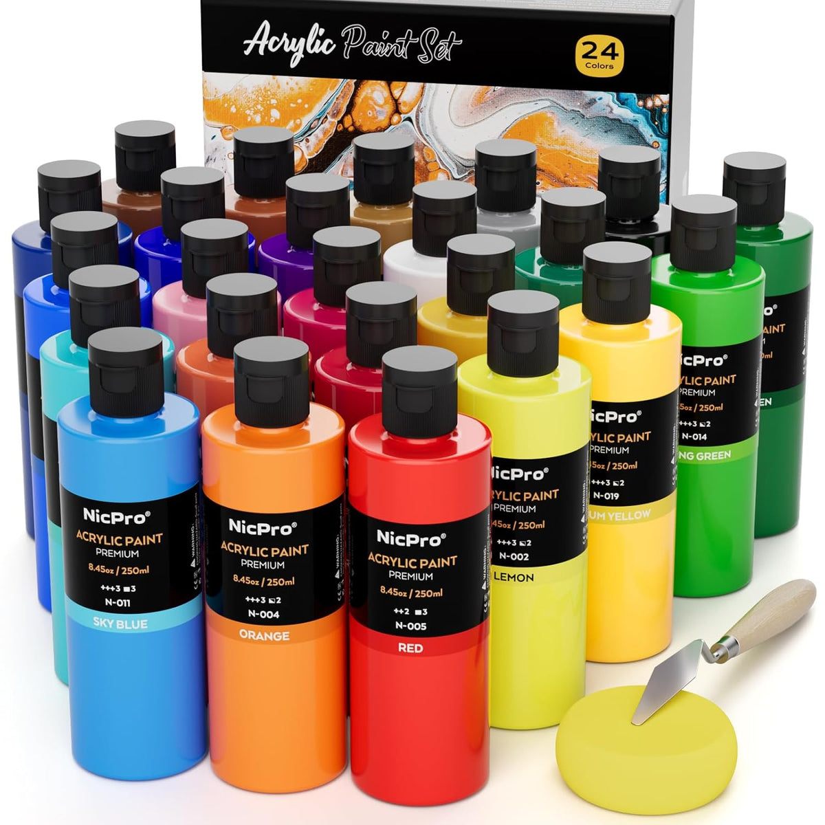 24 Colors Large Bulk Acrylic Paint Set (8.45 Oz/250 Ml), Rich Pigments Non Toxic, Bulk Painting Supplies For Artist Beginners On Canvas, Wood, Rock, Glass, Ceramic, Crafts With Color Wheel