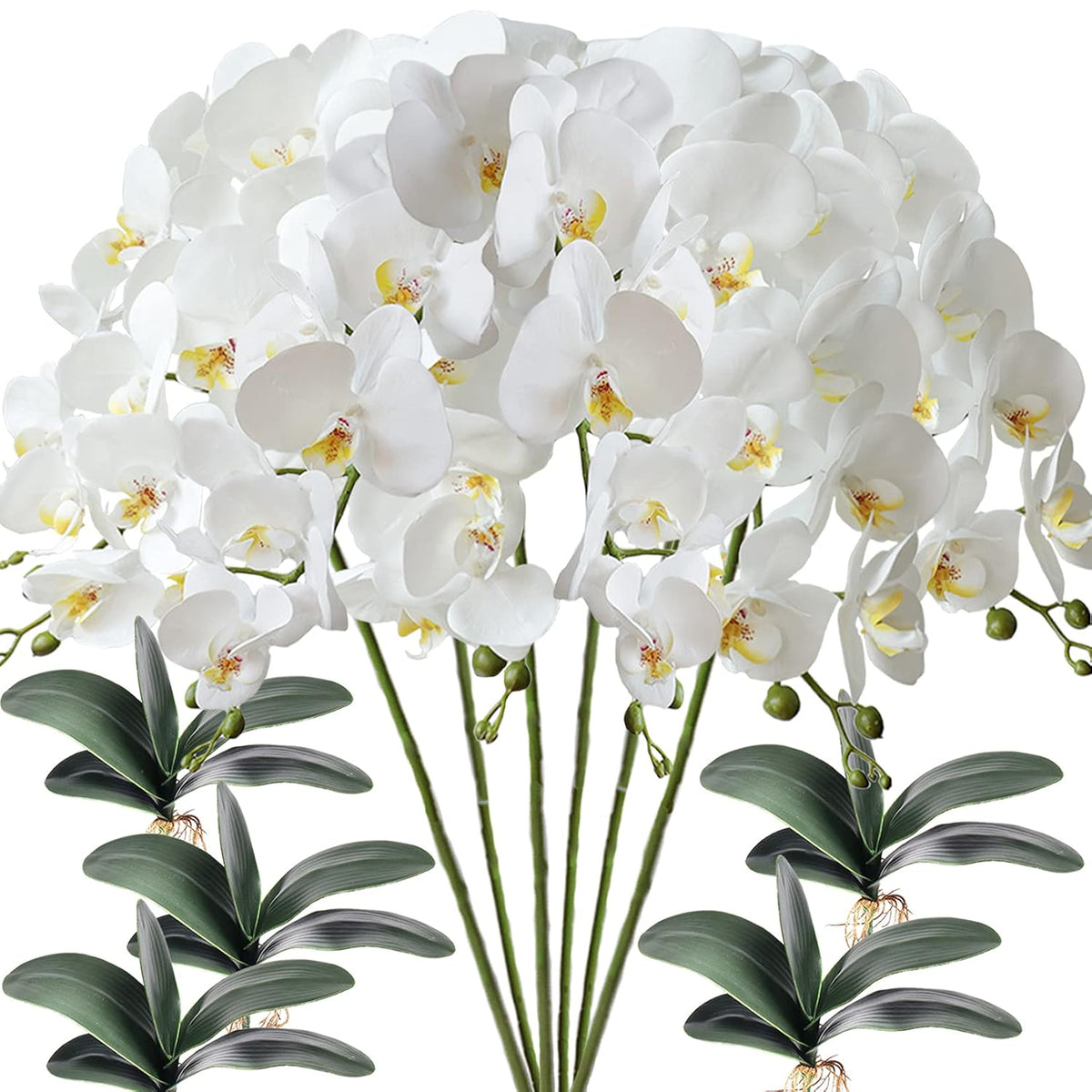 6 Pcs Artificial Phalaenopsis Flowers With 5 Bundles Leaves Artificial Orchid Flowers Stem Plants For Home Décor