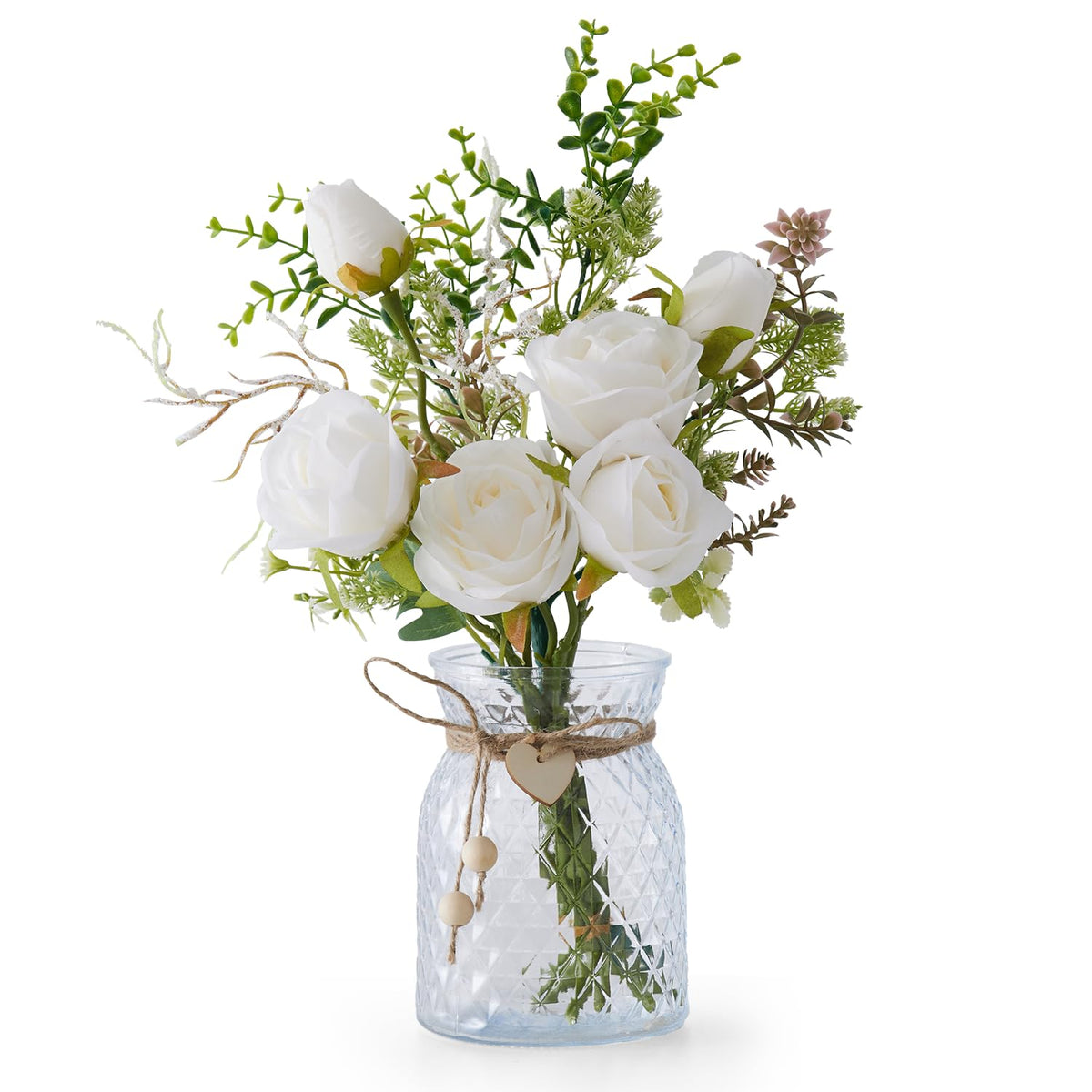 Fake Flowers With Vase, Faux Flowers In Vase, White Silk Rose Artificial Flowers Bulk Arrangements For Home Decor For Living Room Bathroom Office Table Centerpiece Shelf Decorations