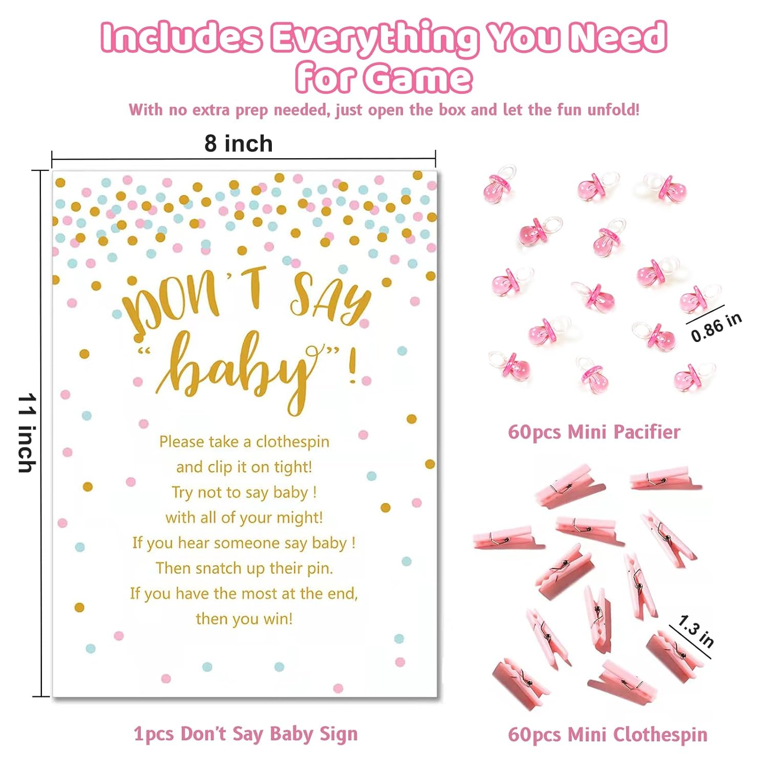 Don'T Say Baby Shower Clothespin Game For Girl Includes 8X11 Standing Sign, 60 Mini Pink Clothes Pin, 60 Mini Pacifiers