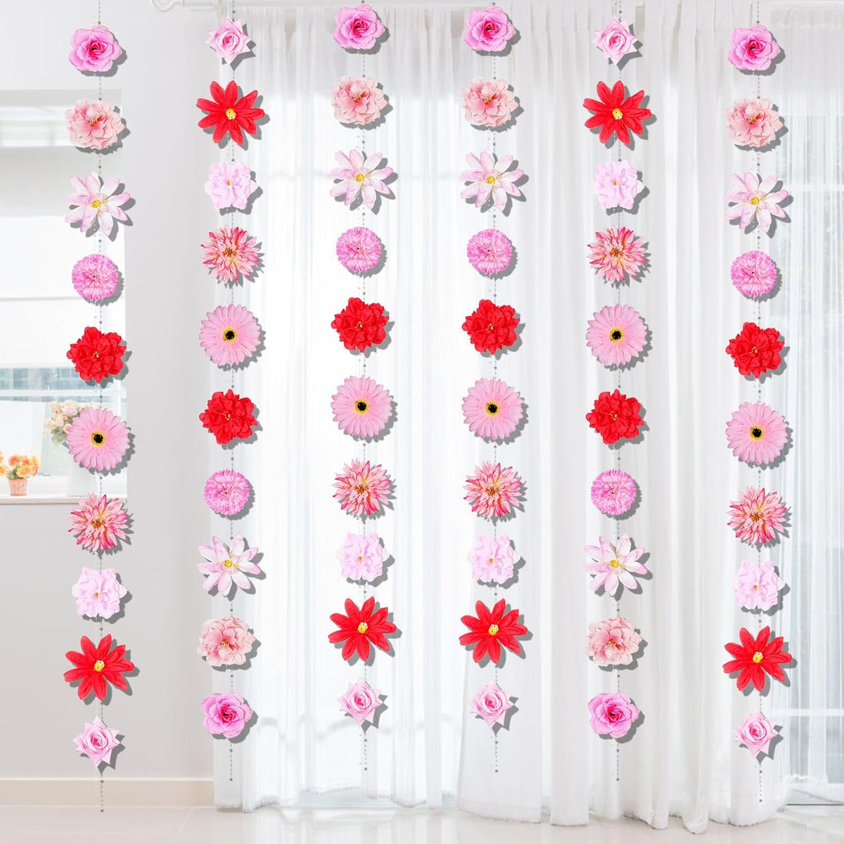 6Pcs 48Ft Artificial Flower Garland With Pearl Chain. Large Silk Floral Hanging Vines For Wall, Door, Lights Decoration. Wedding, Birthday Party Backdrop Decor. Flower Hanging Garland Included (Red)