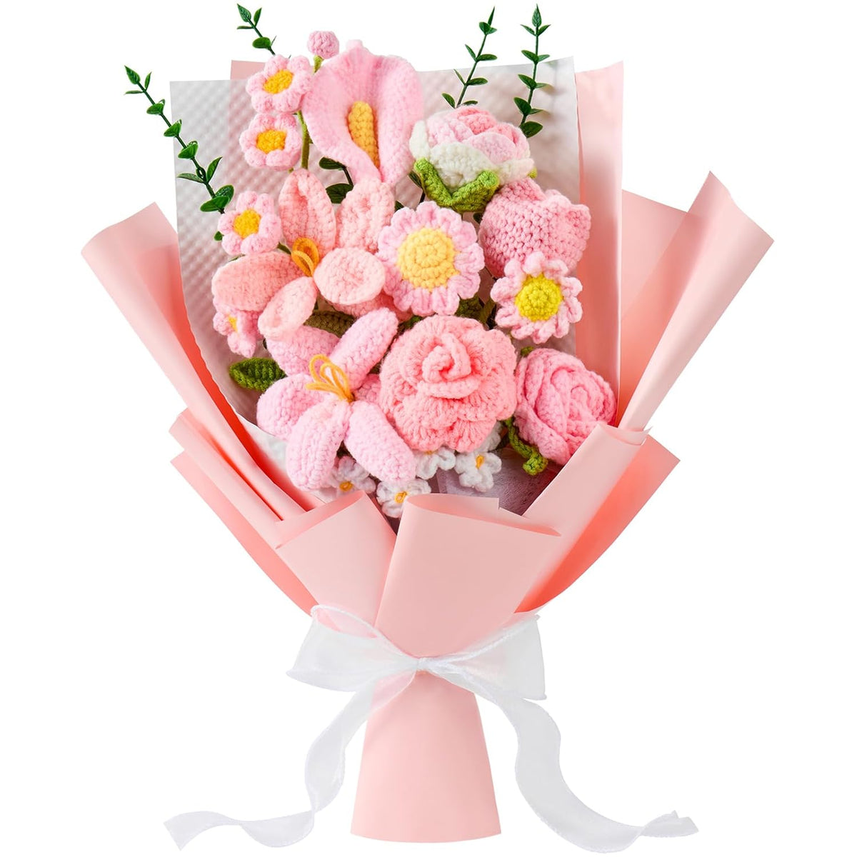 Crochet Flower Bouquet, Completed Handmade Crochet Flowers, Lily Of The Valley, Roses, Tulips Mix Knitted Flowers Bouquet For Mother'S Day, Anniversaries, Graduation, Birthday (Pink)