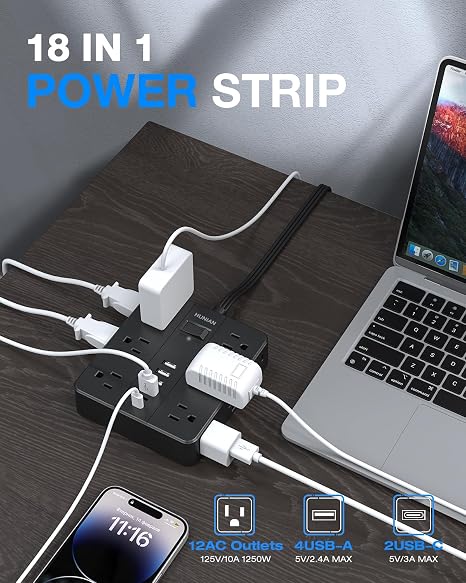 Power Strip 12 Outlets 6 USB Ports 2 USB C 5FT Extension Cord Desk Charging Station