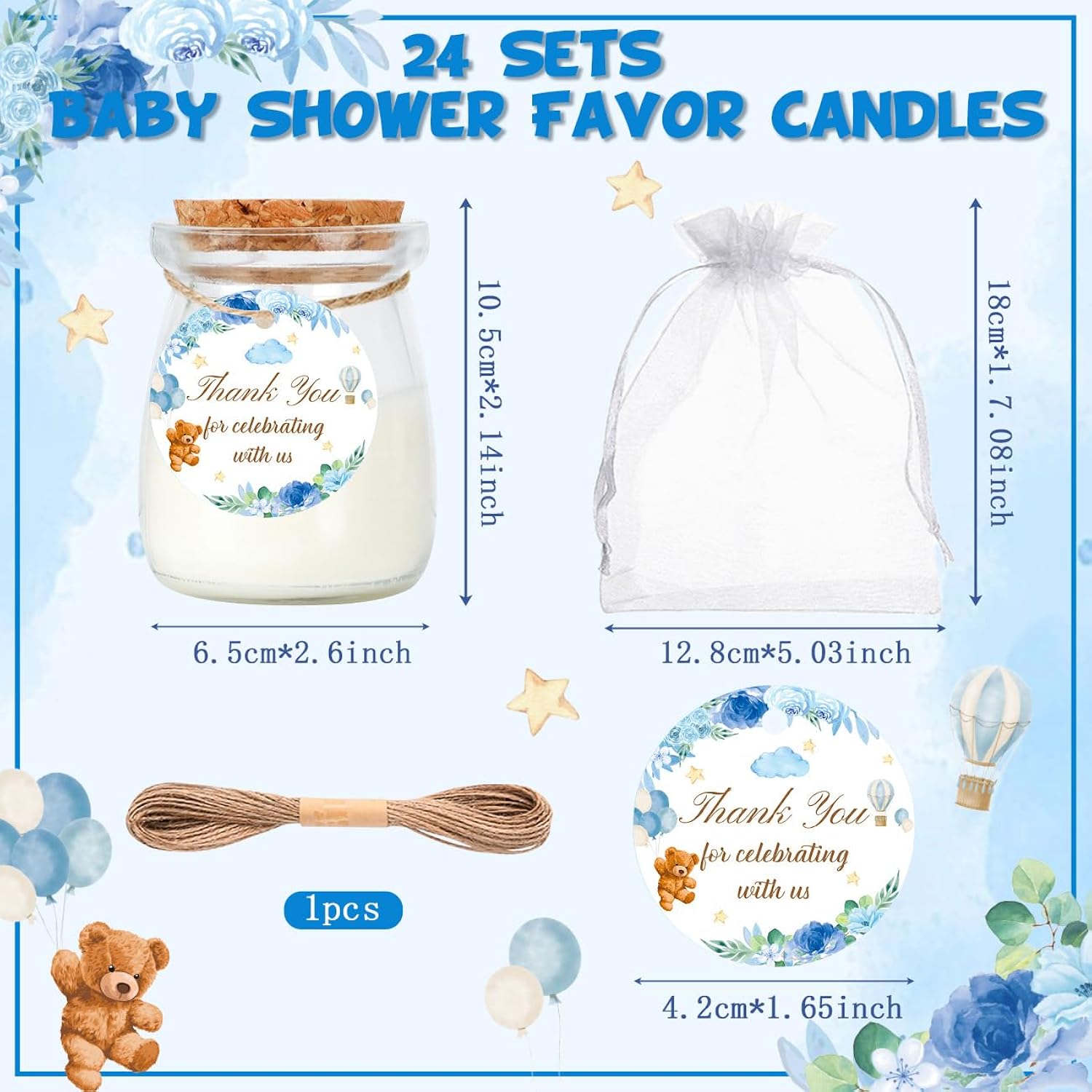24Pcs Baby Shower Candle Party Favors Lavender Scented Glass Jars Wax Candle Bulk With Thank You Cards Organza Bags For Guests Boy Girl Birthday Gender Reveal Gift Souvenirs (Blue Bear, 24)