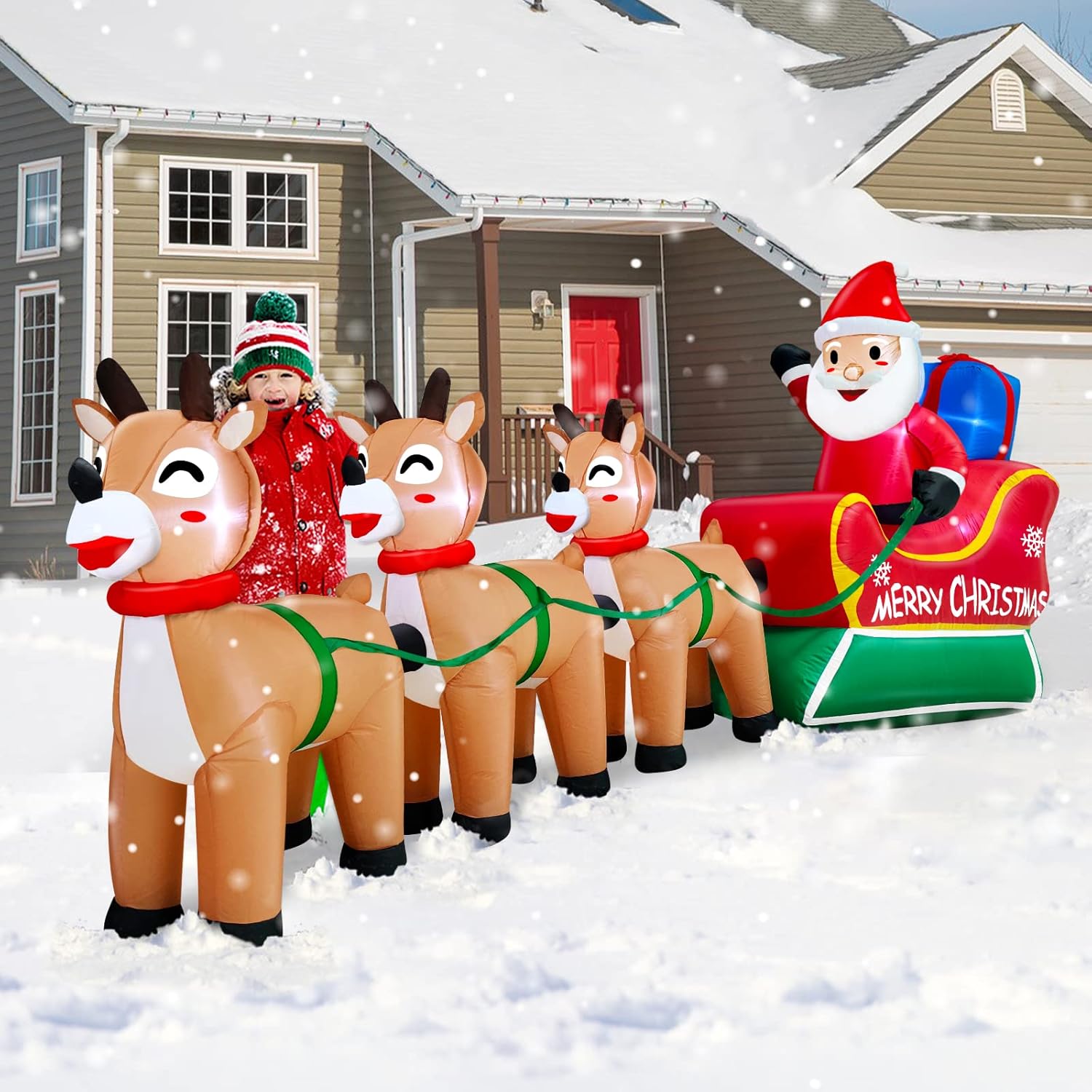 12 Feet Long Christmas Inflatable Decorations Outdoor Led Lighted Santa Claus On Sleigh Three Reindeer Deer Gift Box Blo