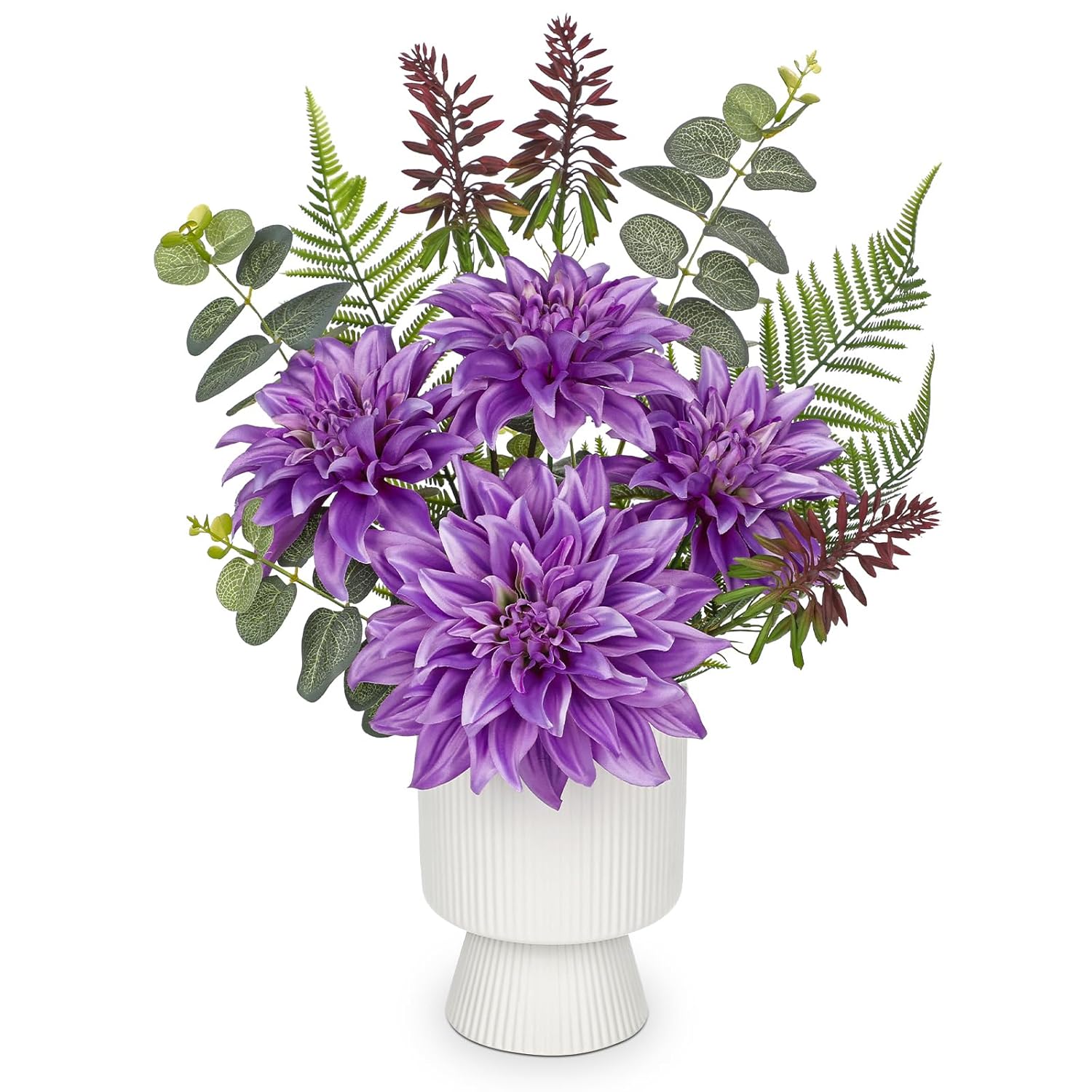 Dahlia Artificial Flower Arrangement In Ceramic Vase 18.1" Tall Faux Floral Centerpiece With Purple Silk Dahlias Eucalyptus Fake Potted Flowers For Home Office Dining Room Table Shelf Decor