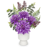 Dahlia Artificial Flower Arrangement In Ceramic Vase 18.1" Tall Faux Floral Centerpiece With Purple Silk Dahlias Eucalyptus Fake Potted Flowers For Home Office Dining Room Table Shelf Decor