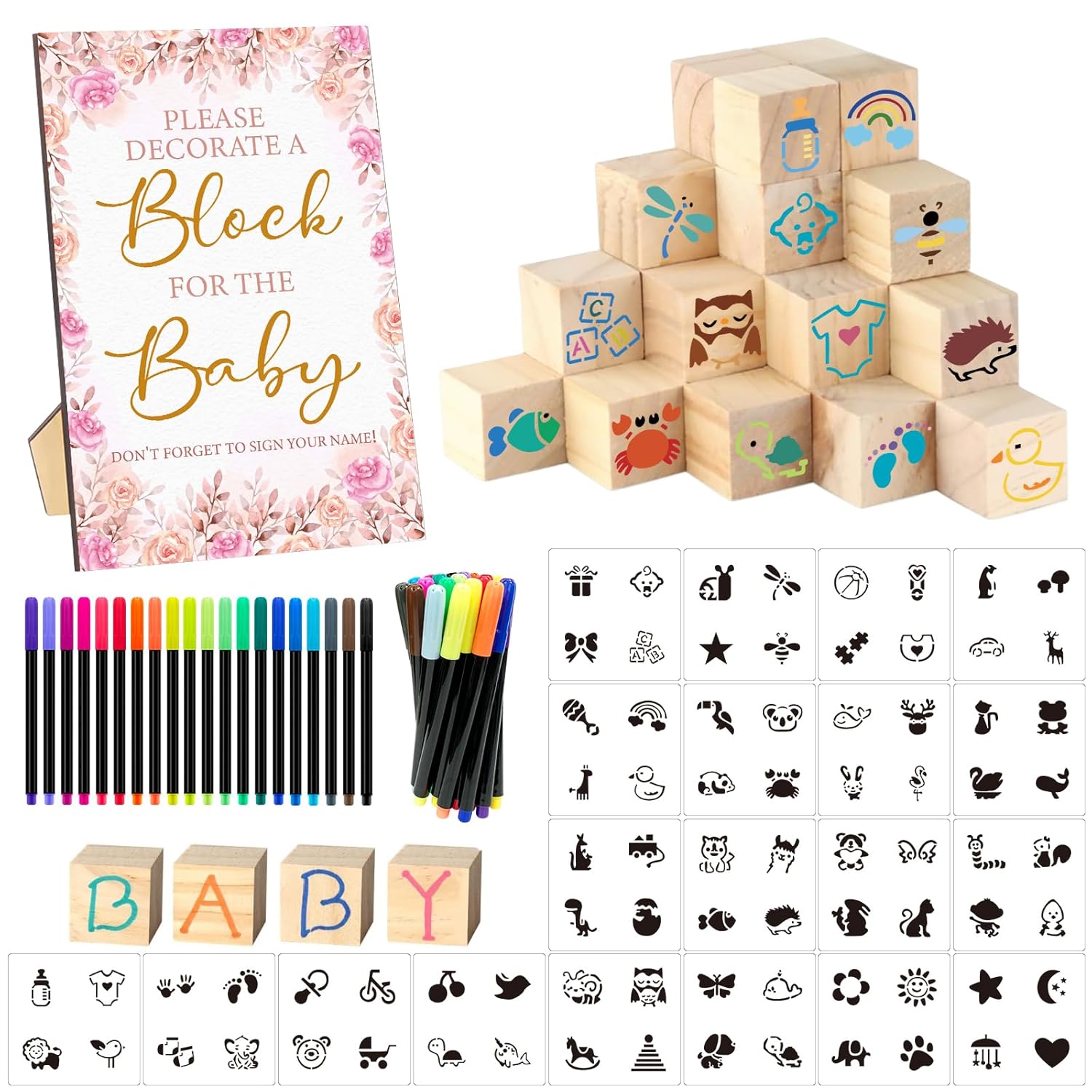97 Pcs Baby Shower Game Sign Set Includes Decorative Square Signs 56 Diy Blank Wooden Blocks 20 Fabric Pens Baby Shower Game Prizes.