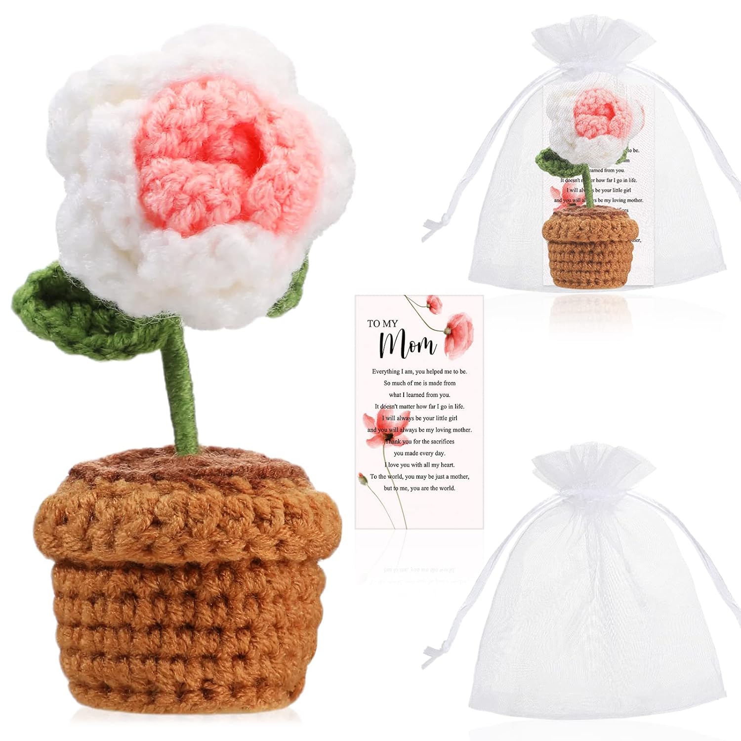 3.9 Inch Mother'S Day Crochet Flowers Bouquet Handmade Artificial Knitting Potted Rose Sheer Organza Bag Birthday Card For Decoration Mom Gifts
