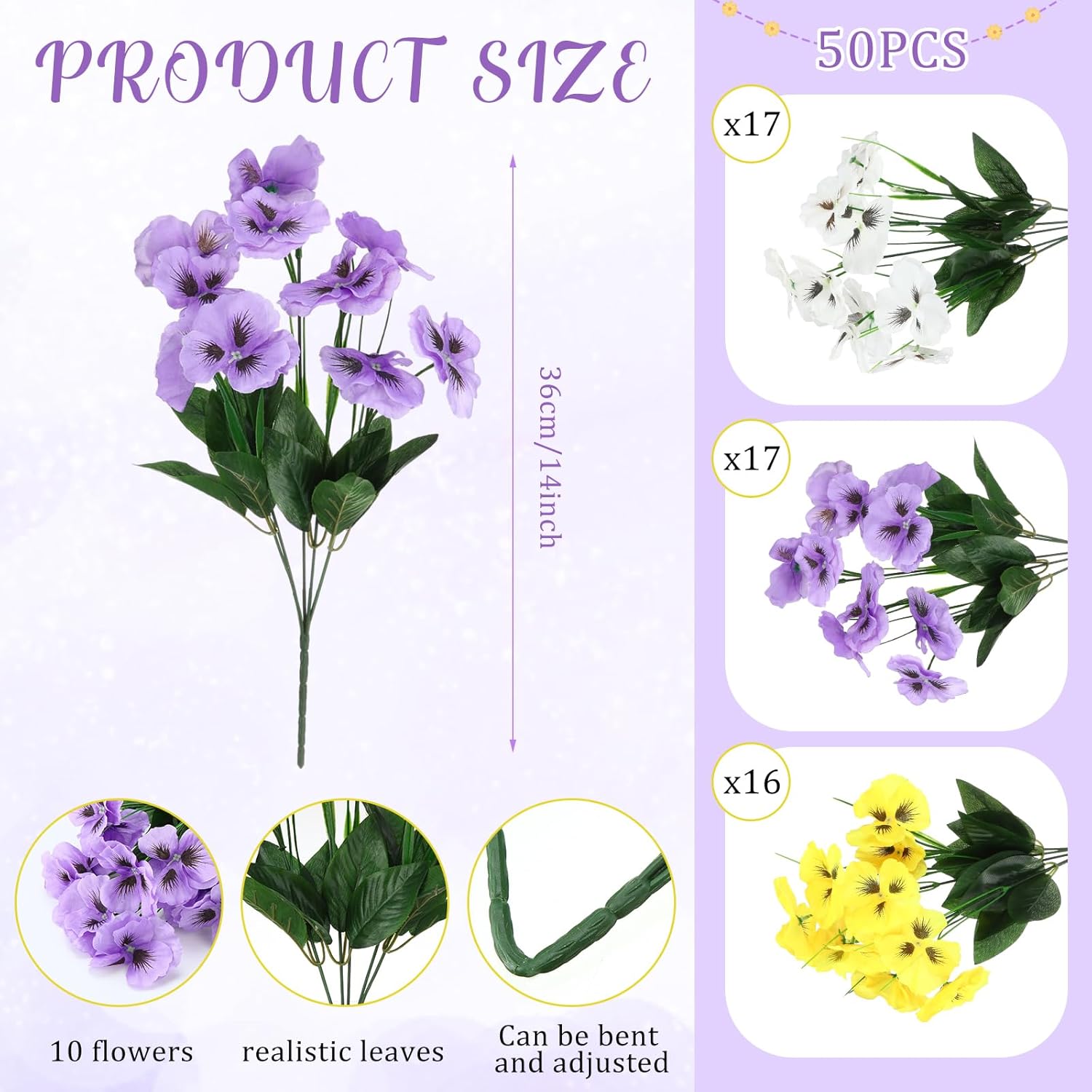 50 Bundles Artificial Flowers Outdoor Uv Resistant Faux Silk Pansy Flowers Bulk Plastic Fake Plants For Home Wedding Kitchen Garden Table Centerpieces Summer Decor, Purple, Yellow, White