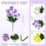 50 Bundles Artificial Flowers Outdoor Uv Resistant Faux Silk Pansy Flowers Bulk Plastic Fake Plants For Home Wedding Kitchen Garden Table Centerpieces Summer Decor, Purple, Yellow, White