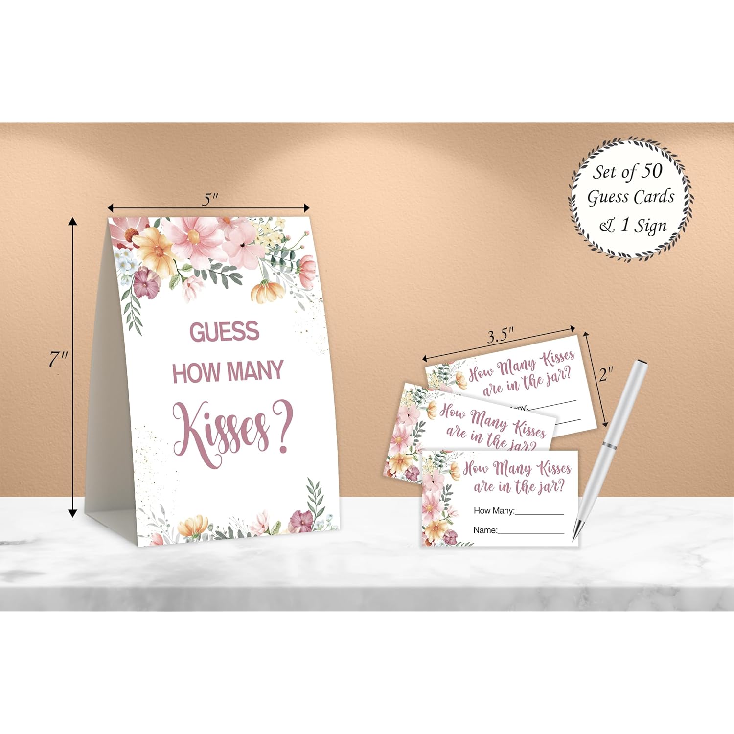 Boho Floral Theme How Many Kisses Bridal Shower Game,Wedding Shower,Bridal Shower Decorations,Popular Bridal Shower Games,Engagement Party Game,Set Including 1 Sign And 50 Guessing Cards-06