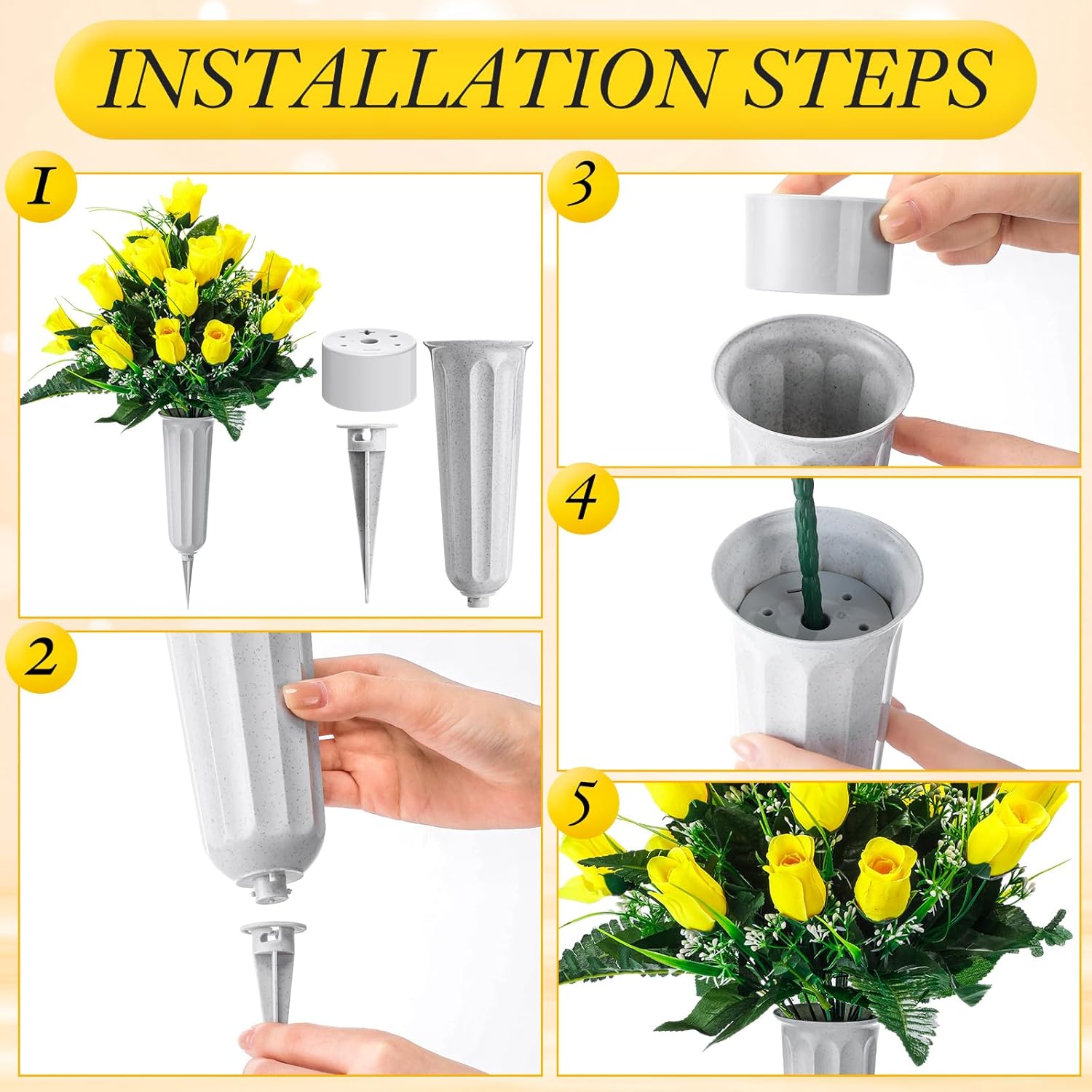 4 Sets Cemetery Flowers For Grave 96 Heads Artificial Rose Bouquet Arrangement With Vase Silk Memorial Flowers For Christmas Memorial Day(Yellow)