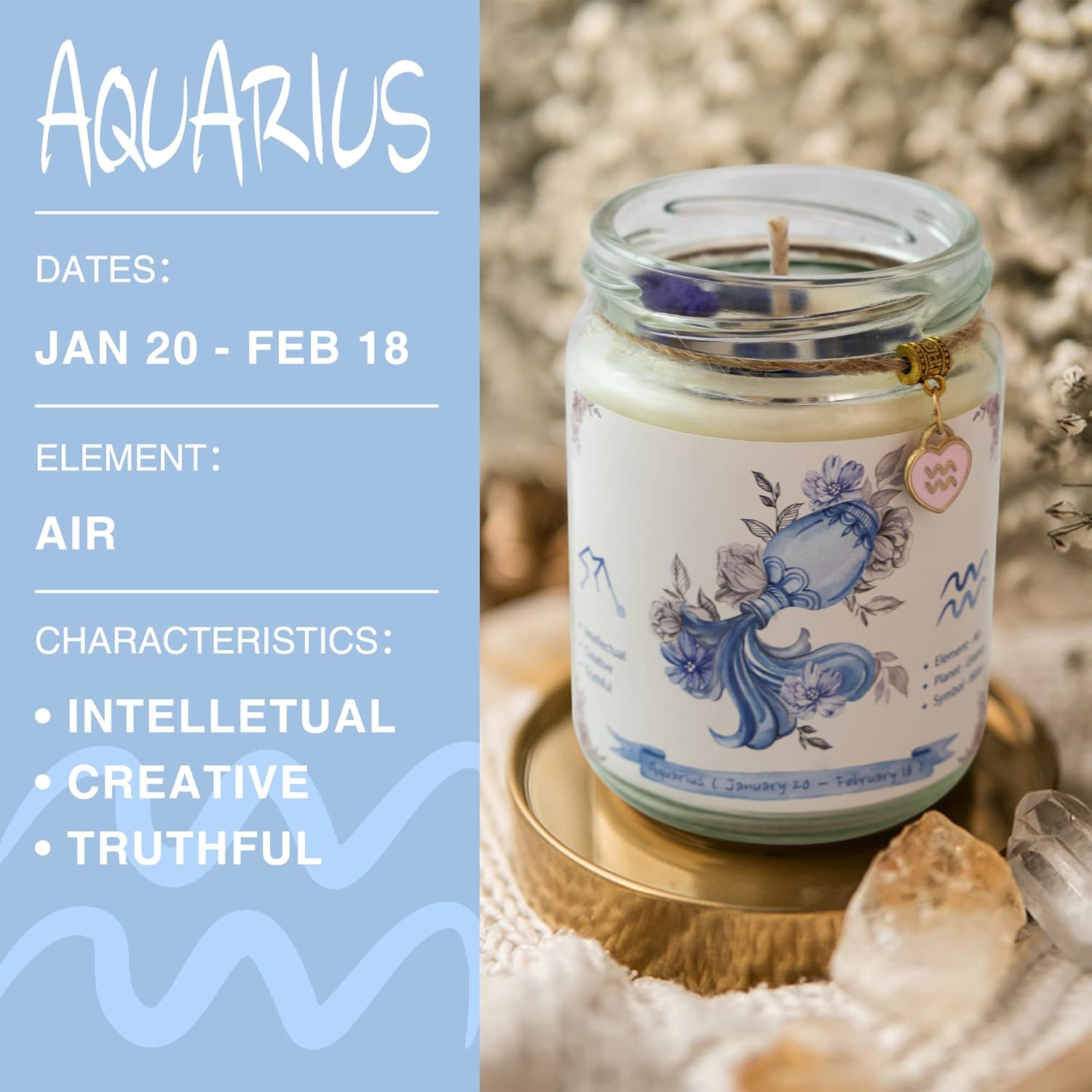 Aquarius Zodiac Crystal Candle Gift For Women - Astrology Birthday Natural Soy Violets Scented Candle With Flowers And Lazurite Healing Crystals For Mom, Sister, Friends