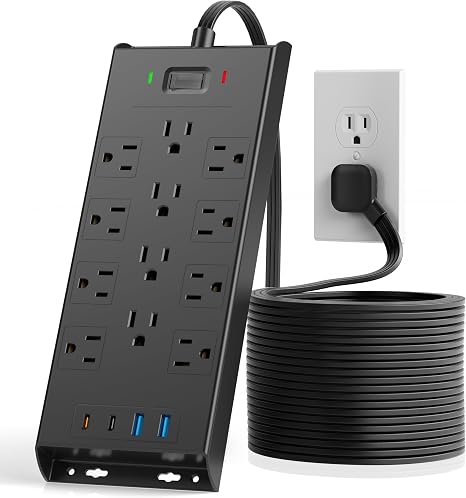 Surge Protector Power Strip 12 Outlets 4 USB Ports 2 USB C 10FT Flat Plug Extension Cord 4800J