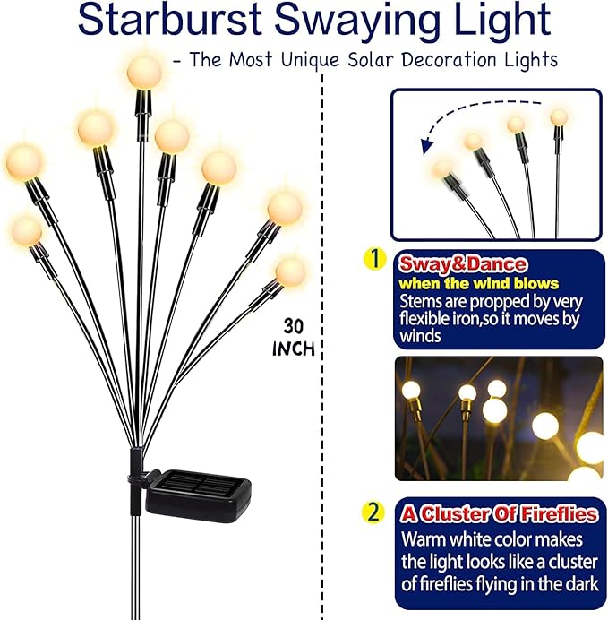 4 Pack Solar Swaying Garden Lights Warm White Outdoor Yard Patio Pathway Decor