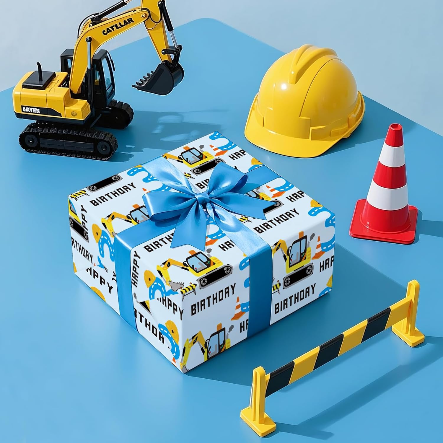 3Rd Birthday Wrapping Paper Roll - Mini Roll - 17 Inch X 16.5 Feet - Adorable Digger Construction Wrapping Paper Perfect For Kids Boys Birthday, Baby Shower