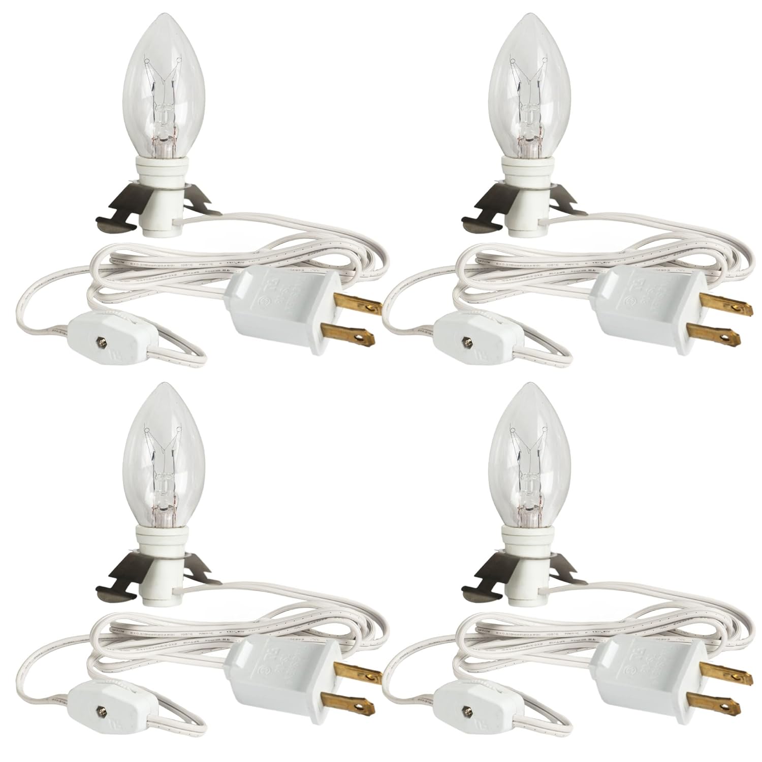 4 Pack 6 Ft Accessory Cord With Incandescent Light Bulb E12 Socket White Cord With On/Off Switch Plug, C7 Candelabra Lig