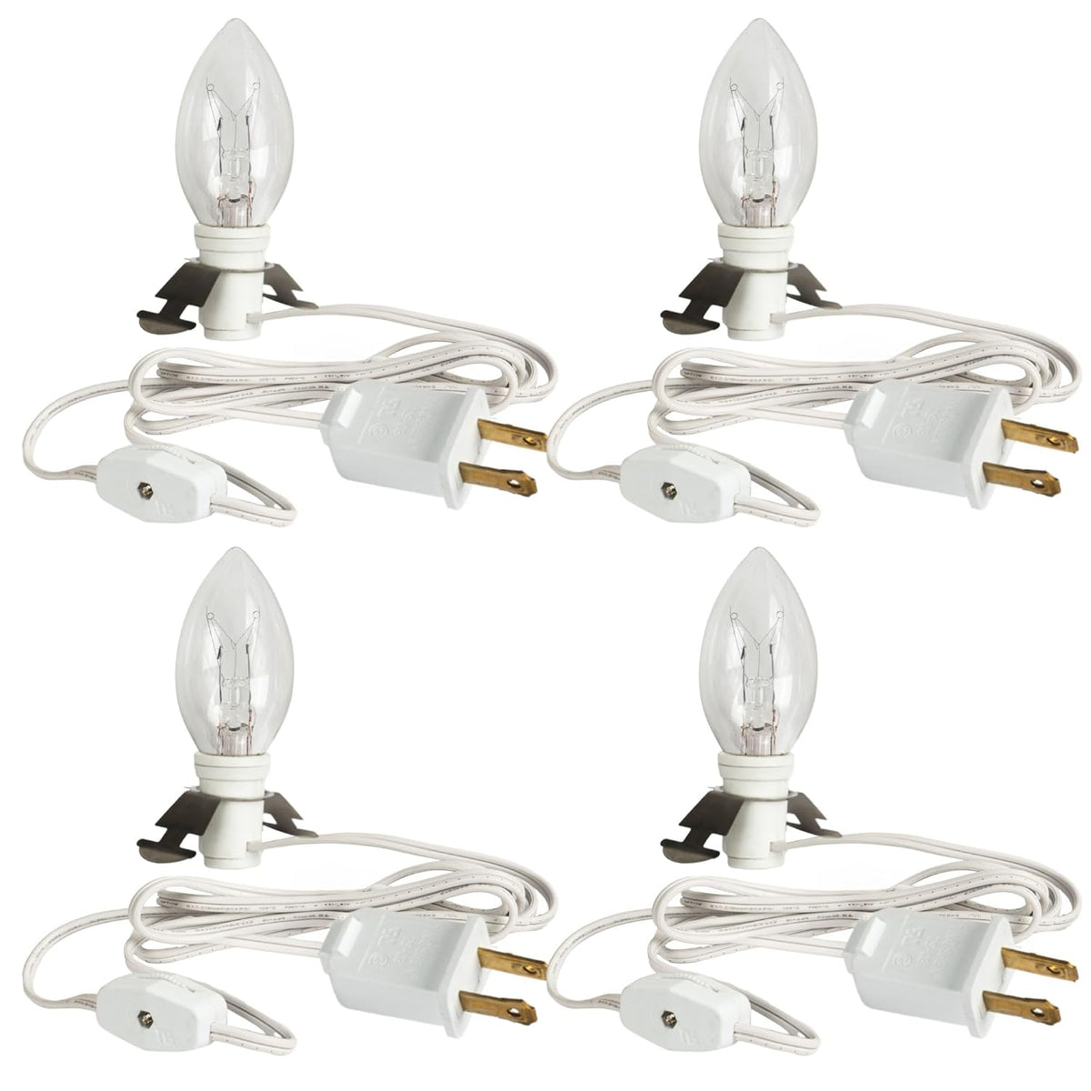 4 Pack 6 Ft Accessory Cord With Incandescent Light Bulb E12 Socket White Cord With On/Off Switch Plug, C7 Candelabra Lig