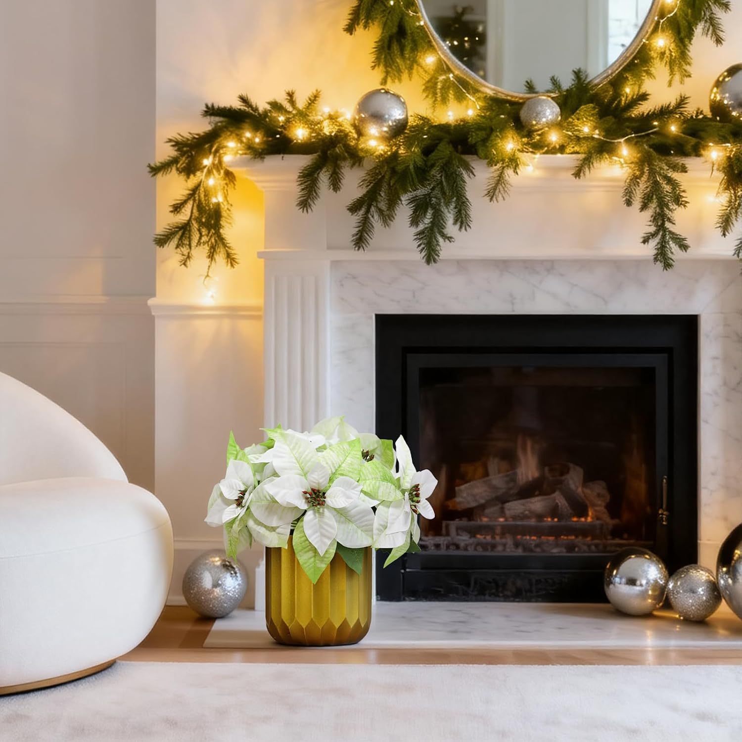 Poinsettia Flowers Artificial In Golden Vase, 12 Heads Winter Flowers, 16.5" Artificial Poinsettias Winter Decor For Table Centerpiece, Home & Office (Gradient White Green)