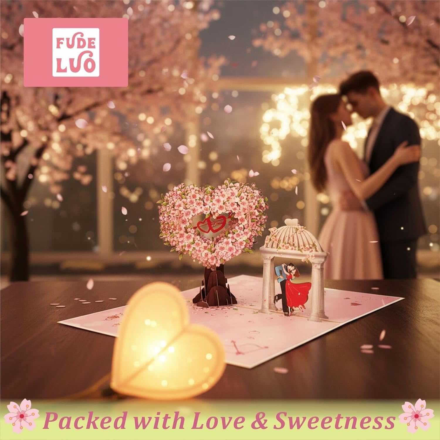 Pop Up Anniversary Card - 3D Cherry Blossom Heart Tree, Couple & Wishing Pavilion Love Card - Ideal Pop Up Wedding Card For Anniversary, Valentine’S, Birthday (6X8 Inches) | For Wife, Husband, Her, Him, Girlfriend, Couple