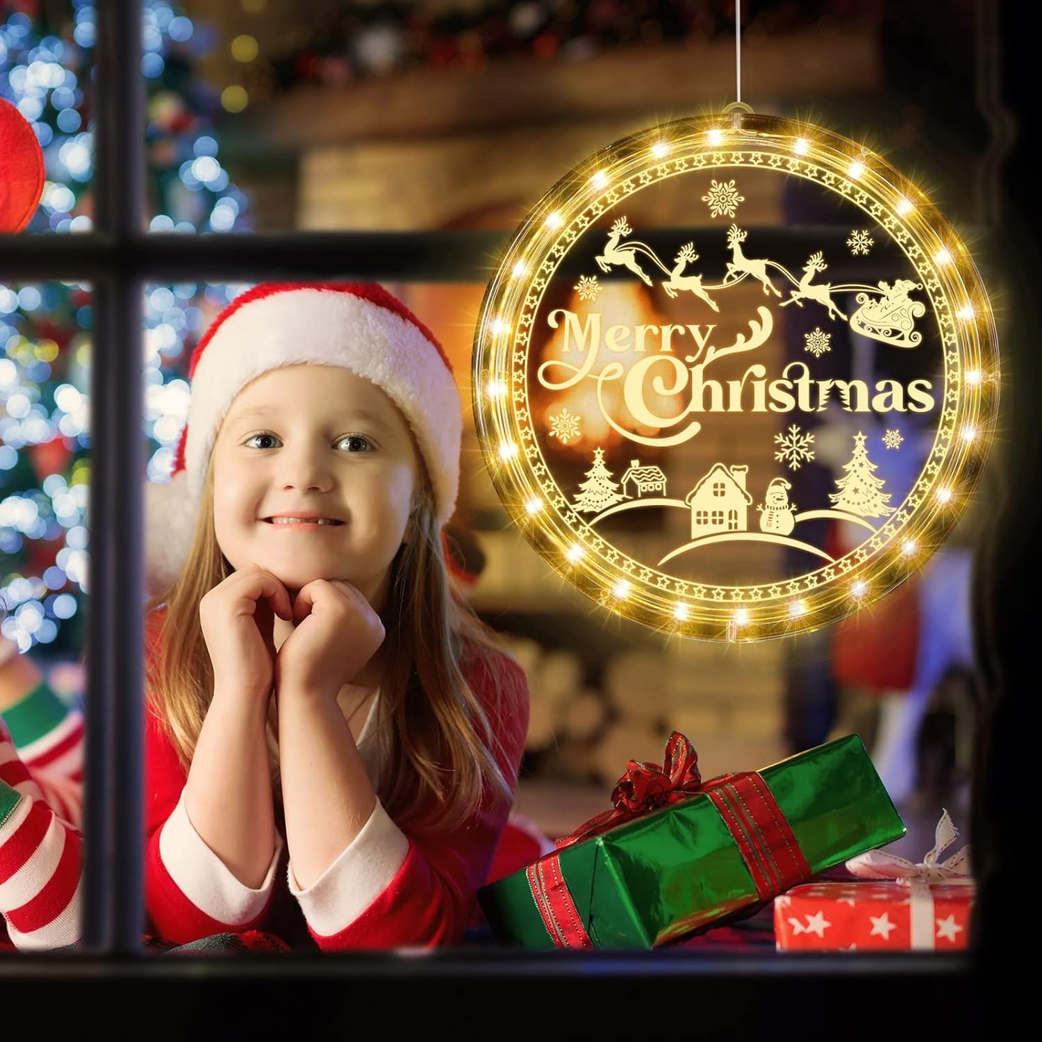 Merry Christmas Window Light Decorations Xmas Led Decorative Window Battery Operated 3D Acrylic Hanging Light With Sucti