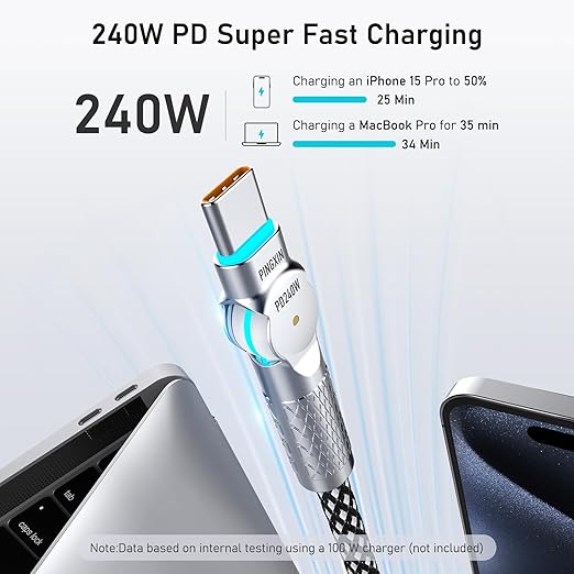 240W USB C to USB C Cable 6.6FT 180 Degree Rotating Braided Fast Charging Cord for iPhone 16 MacBook iPad Samsung
