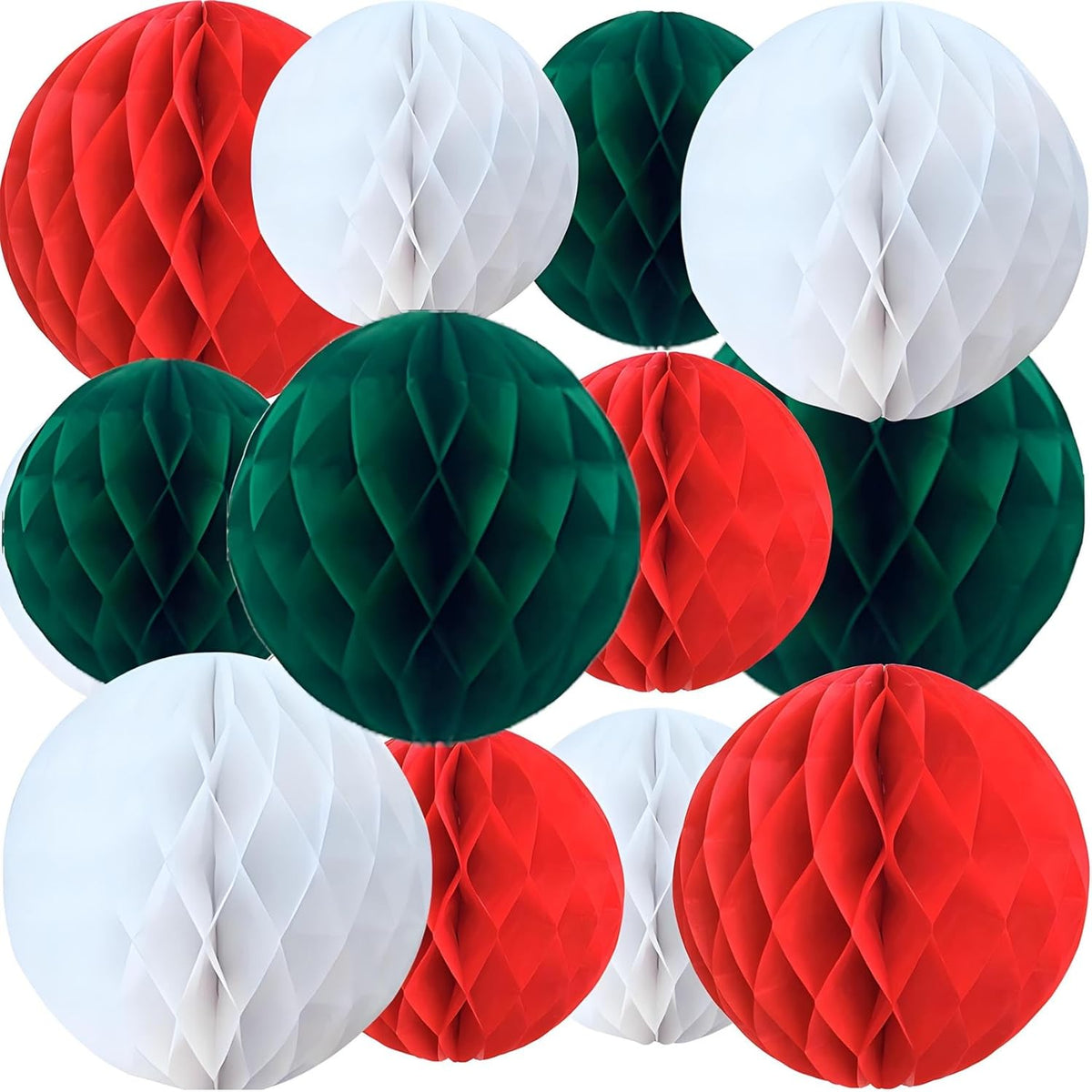 Red White And Green Paper Honeycomb Flower Balls-12 Pcs 6" 10" Tissue Pompoms Suitable For Birthdays Graduation Weddings And Christmas Theme Party Decoration