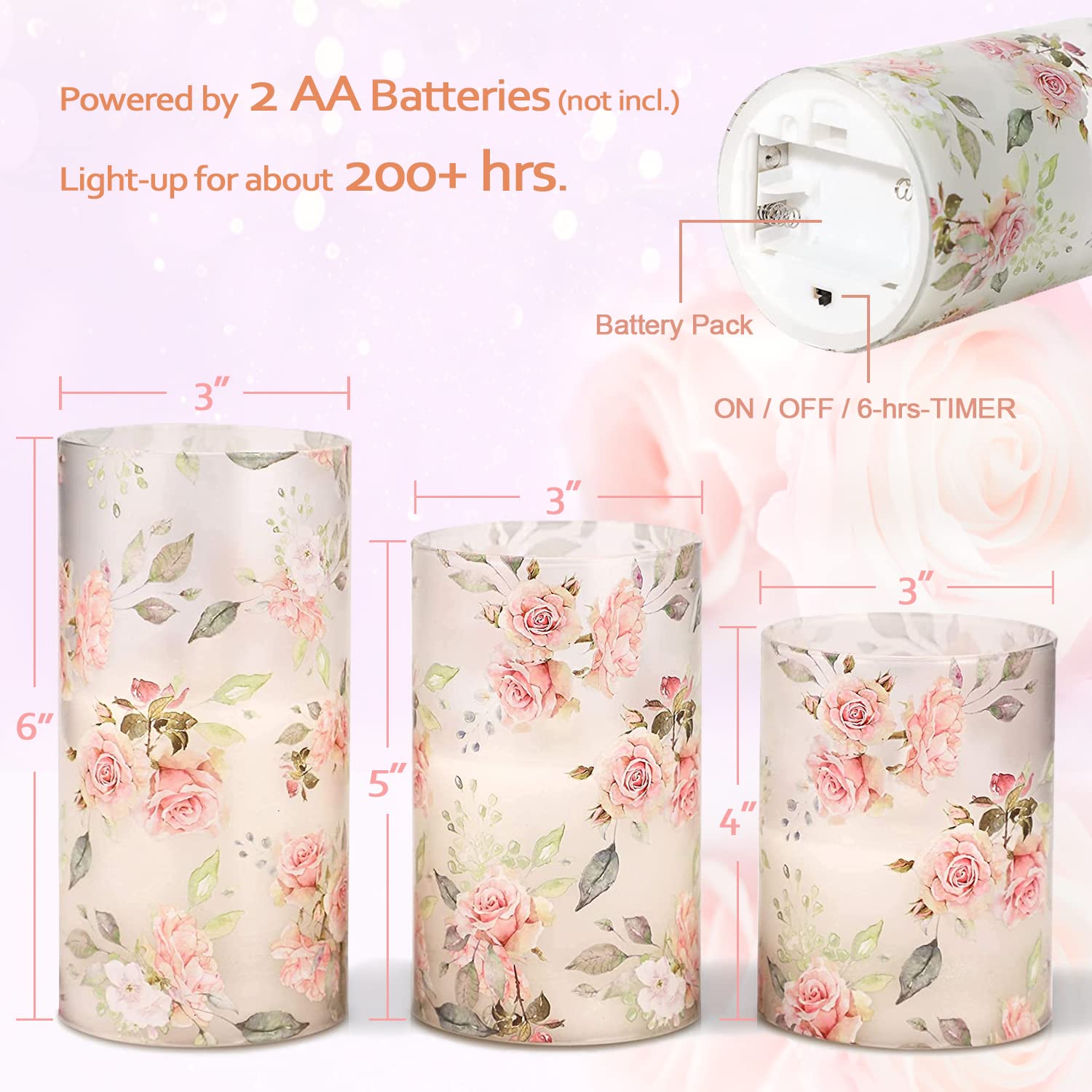 Rose Flameless Candles Love Theme Battery Operated Glass Flickering Led Candle With Remote Pink Flower Decal Realistic Pillar Candles Bedroom Home Decor Table Ornament