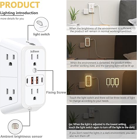 Wall Outlet Extender with Night Light 6 Outlets 4 USB Ports 2 USB C 1050J Surge Protector