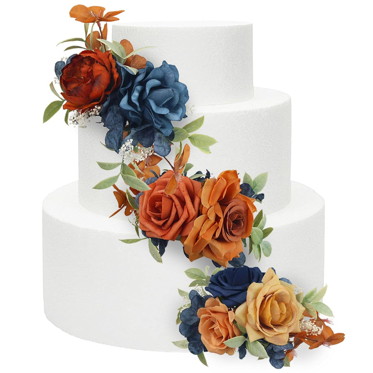 3Pcs Pre-Made Artificial Cake Flowers Navy Blue Terracotta Cake Decorations Boho Fall Wedding Cake Decorating Flowers Decor Birthday Baptism Party Burnt Orange Cake Toppers