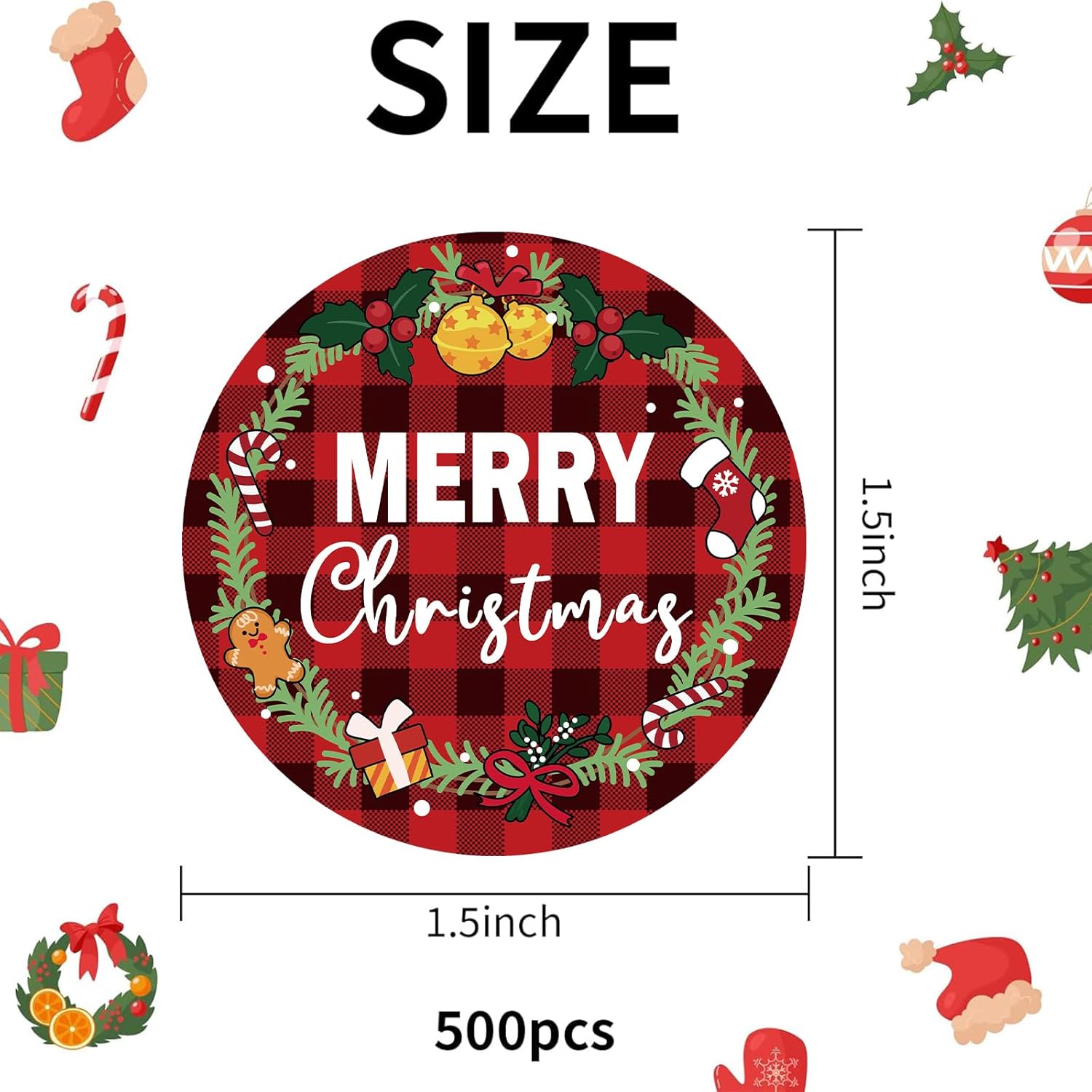 Merry Christmas Label Stickers Roll, 1.5 Inch 500 Pcs Round Red And Black Buffalo Plaid Christmas Wreath Happy Winter Holiday Stickers For Xmas Cards Gift Favors Decoration Sealed Envelopes