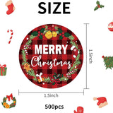 Merry Christmas Label Stickers Roll, 1.5 Inch 500 Pcs Round Red And Black Buffalo Plaid Christmas Wreath Happy Winter Holiday Stickers For Xmas Cards Gift Favors Decoration Sealed Envelopes