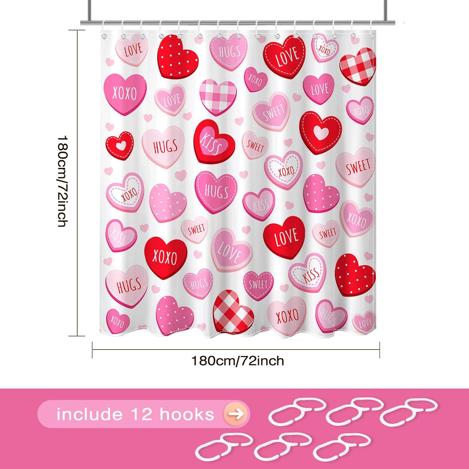 Valentines Shower Curtain Cute Love Pink Hearts Shower Curtain For Valentines Day Decorations Waterproof Romantic Sweetheart Bathroom Decor Curtain, 72 X 72 Inch