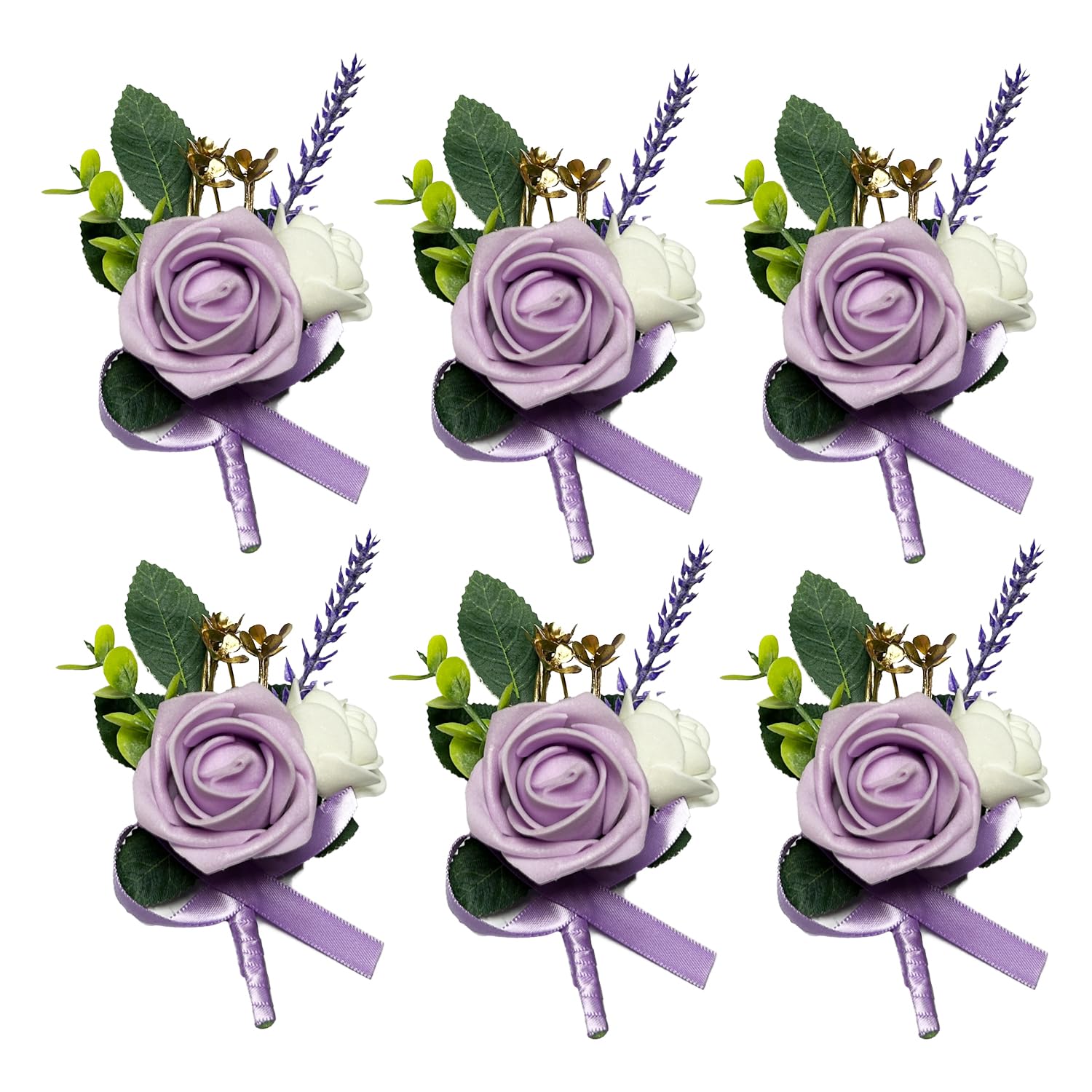 6Pcs Purple Lavender Boutonniere For Men, Lilac Boutonniere Pins For Men Groomsmen Guest Boutonniere, Artificial Flowers For Wedding Decor Prom Homecoming