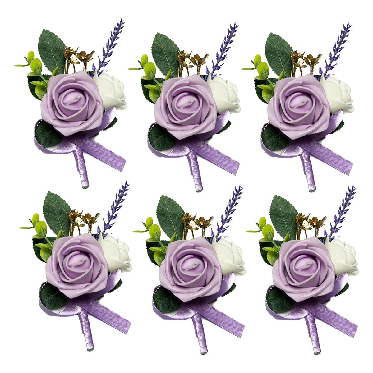 6Pcs Purple Lavender Boutonniere For Men, Lilac Boutonniere Pins For Men Groomsmen Guest Boutonniere, Artificial Flowers For Wedding Decor Prom Homecoming