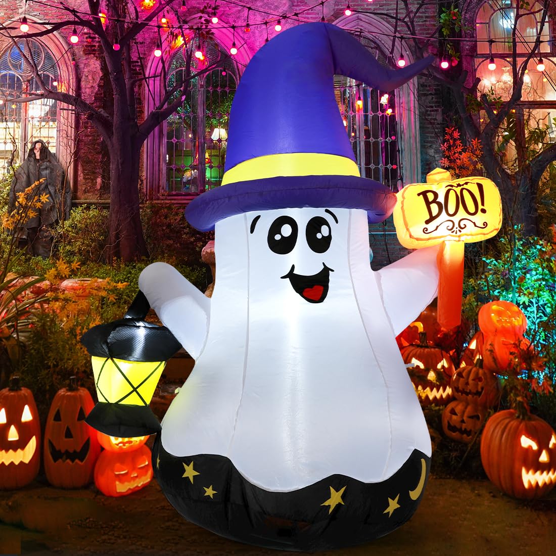 5 FT Halloween Inflatables Ghost Outdoor Decorations Blow Up Yard Cute Wizard Ghost with Hand-Held Light with Built-in LEDs for Garden Lawn Indoor Party Decor
