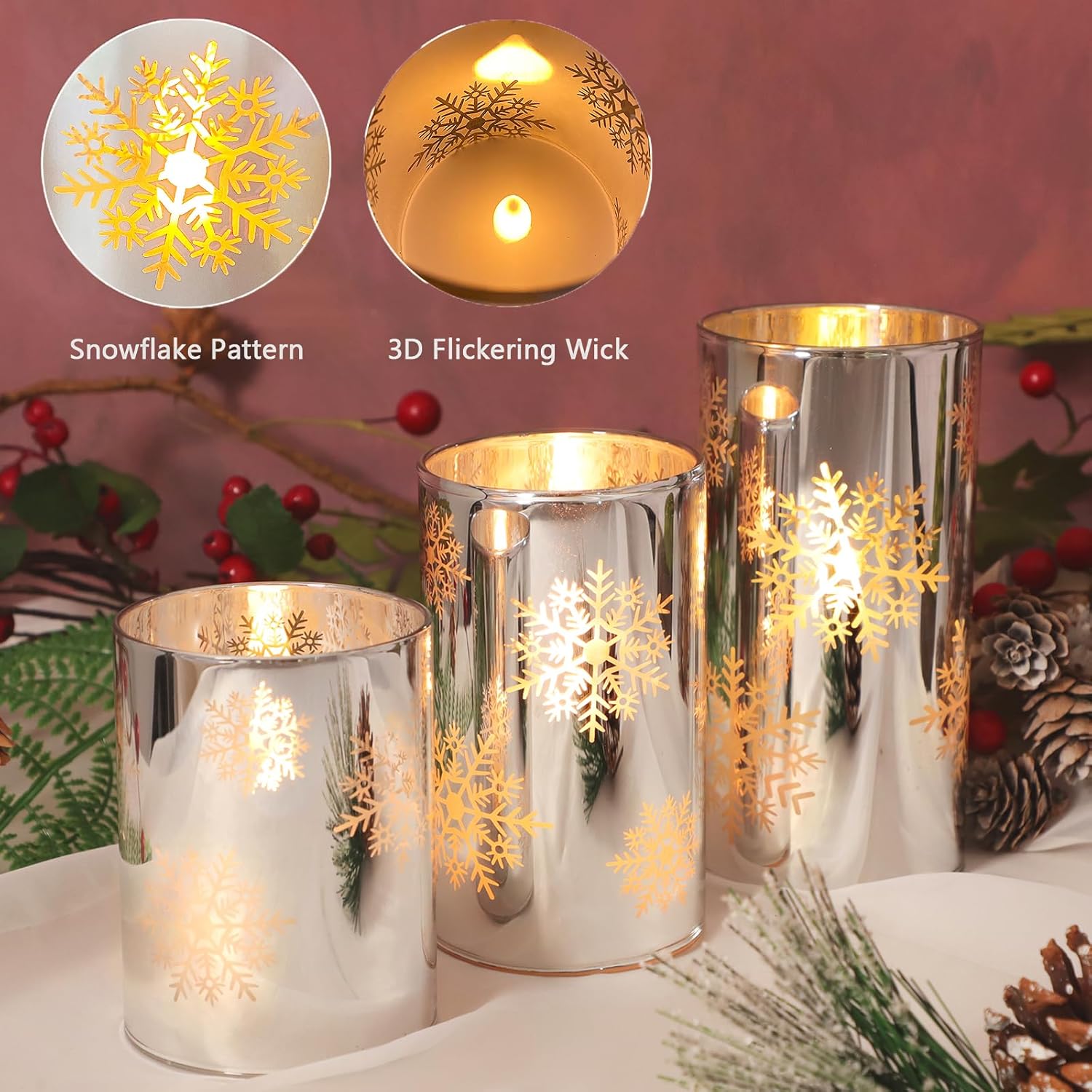 Snowflake Led Flameless Candles With Remote And Timer, Electroplate Glass Candles Operated By Battery, Christmas Led Flickering Candles Decoration For Bedroom, Party, Wedding