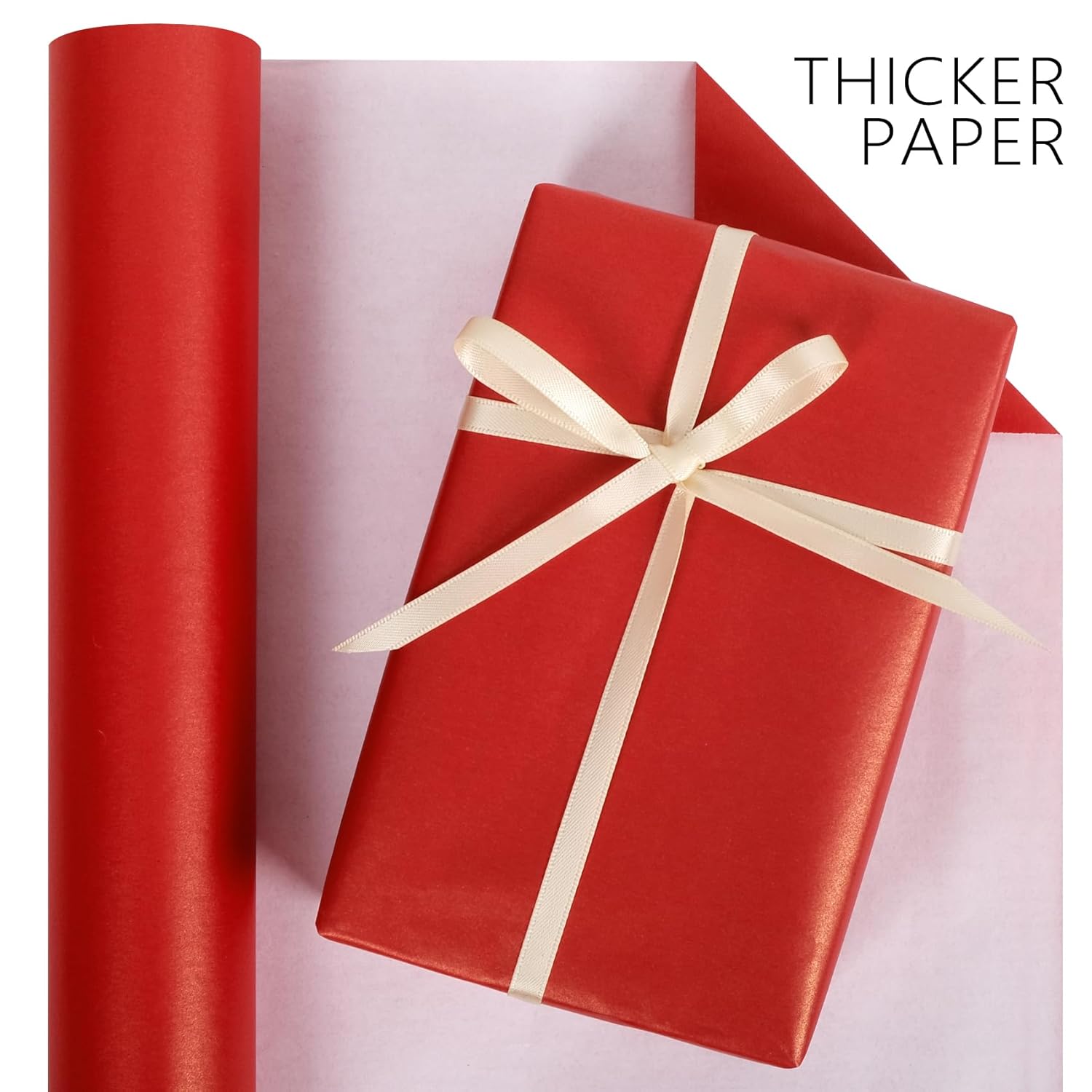 Red Matte Wrapping Paper, 17 Inches X 50 Feet (70.8 Sq.Ft.) Solid Color Pearly-Lustre Paper Roll For Christmas Birthday Baby Shower Wedding Gift Wrap