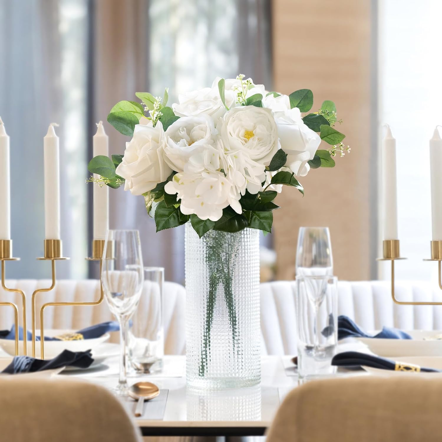 Artificial Flowers Plants Bouquet White Silk Flowers For Home Decor Indoor Fake Flower Arrangements Table Centerpieces For Kitchen Wedding Party Decorations