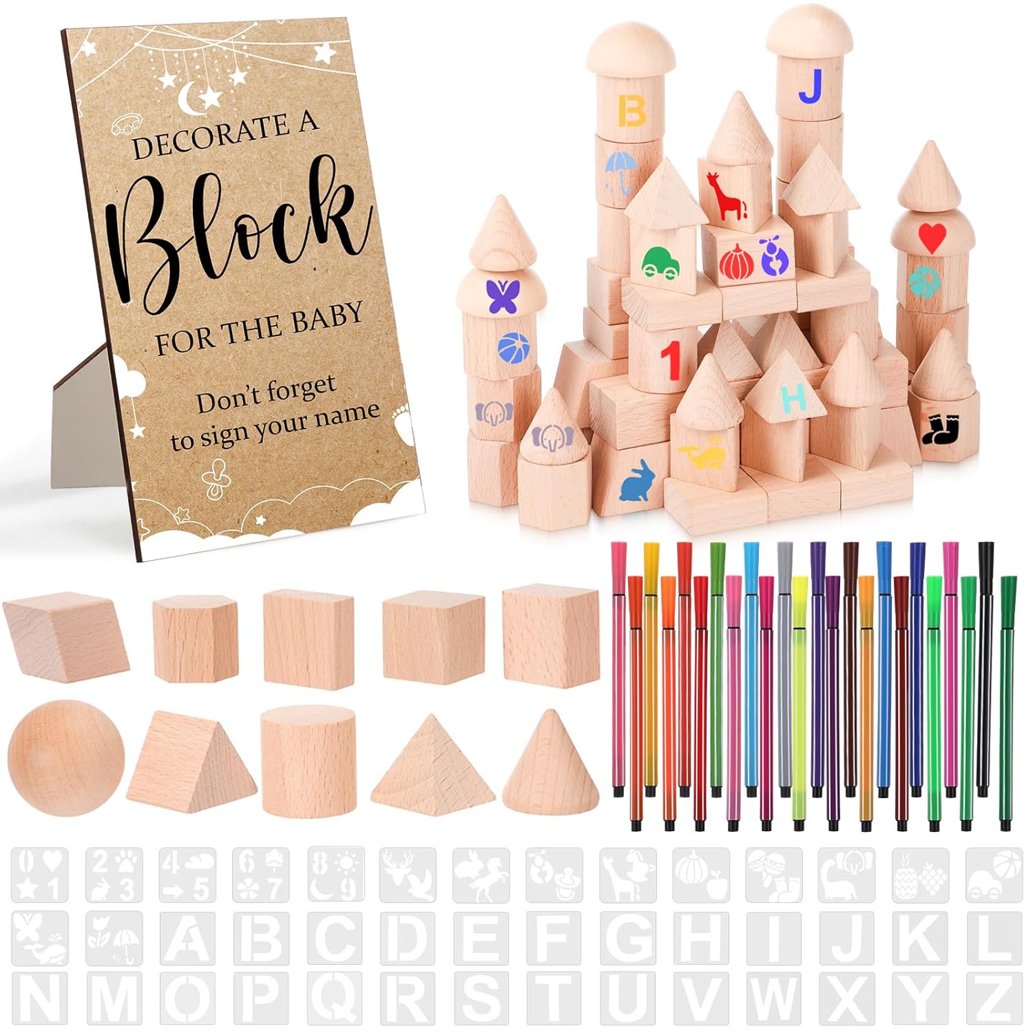 167 Pcs Decorate A Block Baby Shower Game Kit With Decorative Square Sign 100 Diy Wooden Blocks 24 Acrylic Paint Markers 42 Templates Baby Shower Ideas Activities For Guest