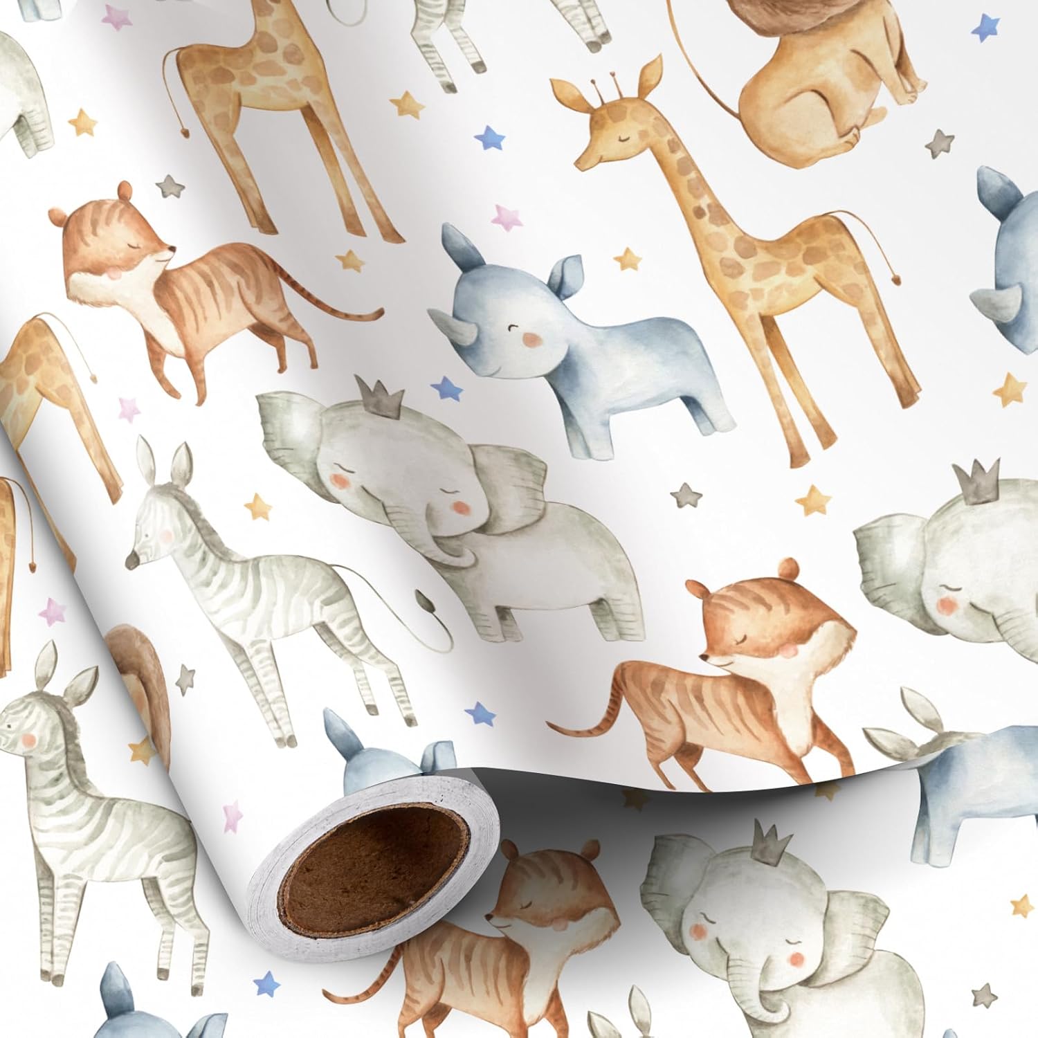 Jungle Animal Wrapping Paper Roll For Boy Girl, Mini Roll, Cute Safari Design With Elephant Giraffe Zebra Lion Gift Wrap For Kids' Birthday, Baby Shower, Nursery Celebrations, 17 In X 16.4 Ft