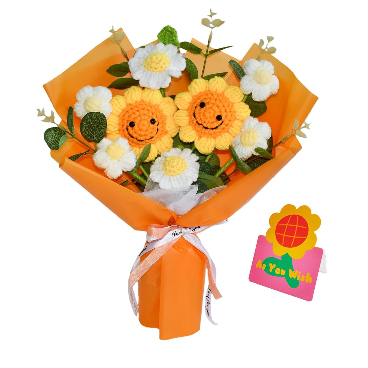 Handmade Crochet Graduation Sunflower Bouquet,Pink Knitted Flower Bouquet Perfect Graduation Gift For Her/Him, Ideal Photo Prop & Grad Party Decor (Orange)