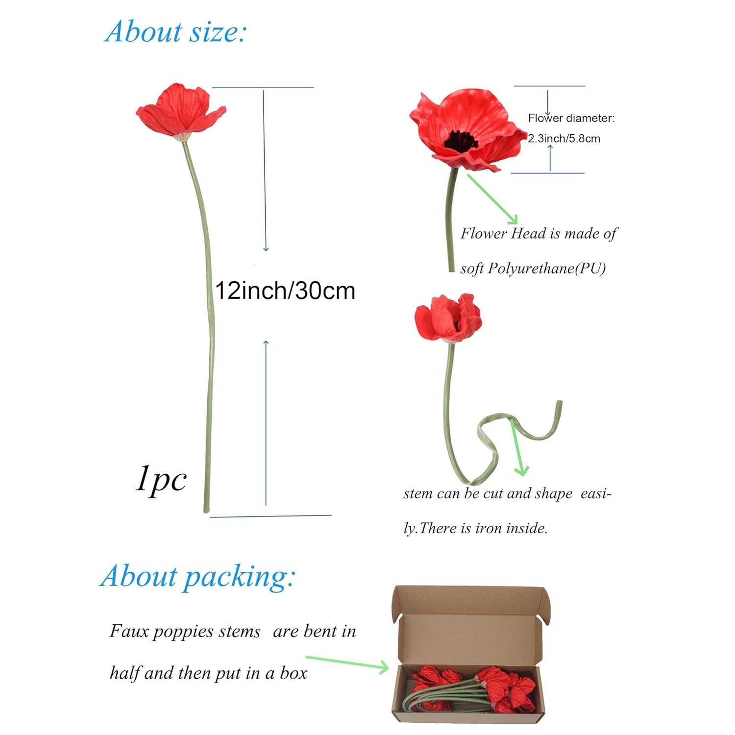 10 Stems Artificial Poppies Flowers, Real Touch Fake Latex Flower For Bridal Wedding Bouquet Home Kitchen Desktop Party Decor (Royal Blue)