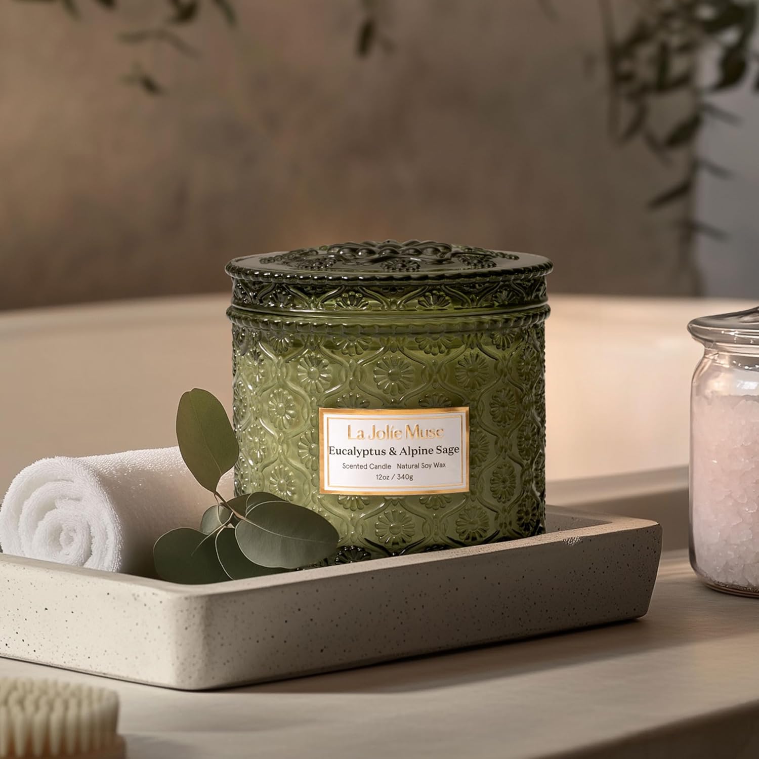 Eucalyptus & Apline Sage Scented Candle | Eucalyptus, Sage, Lavender | 12 Oz Double Cotton Wick Soy Candle | 60 Hours Clean Burn | Daily Relaxation & Cozy Ambiance | Elegant Home Decor