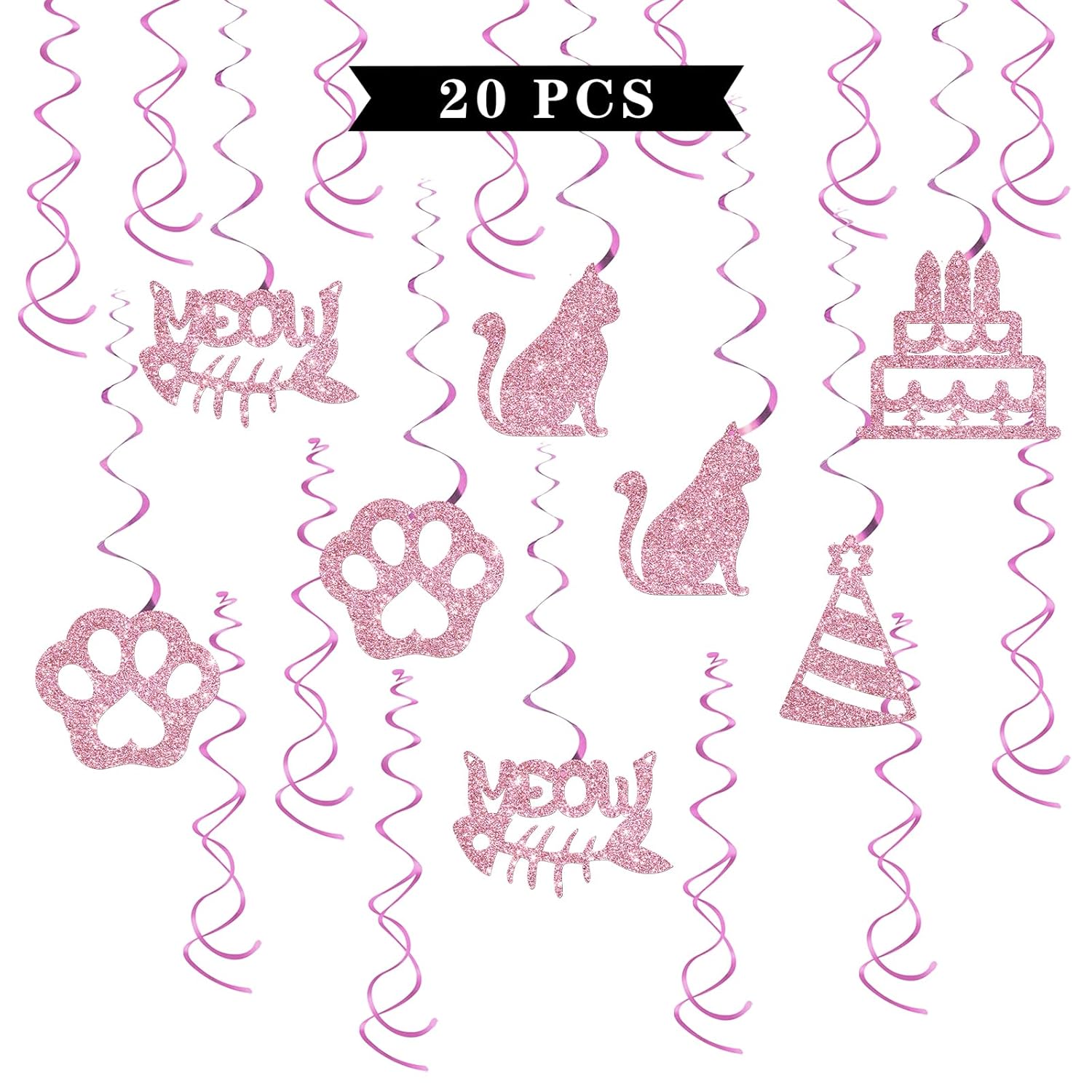 Cat Birthday Hanging Swirl Decorations - Glitter 20 Pcs It'S My Meowday Party Supplies - Cute Cat Birthday Streamers - Welcome Cat Pet Kitten Birthday Party Foil Swirls Ceiling Decorations
