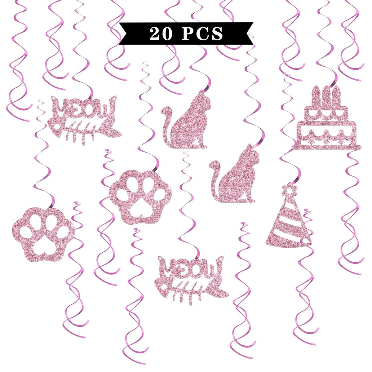 Cat Birthday Hanging Swirl Decorations - Glitter 20 Pcs It'S My Meowday Party Supplies - Cute Cat Birthday Streamers - Welcome Cat Pet Kitten Birthday Party Foil Swirls Ceiling Decorations