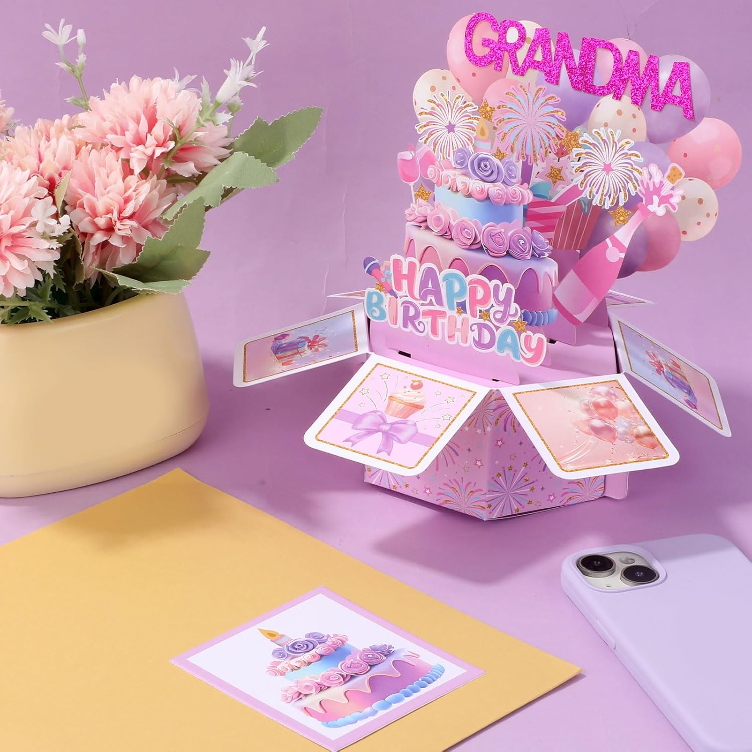 Happy Birthday Grandma Pop Up Card, Colorful Pop Up Greeting Card For Great Grandma Creative Birthday Gift Popup Box Creative Gifts Envelope For Granny Grandmother